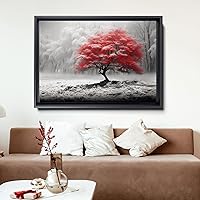 Vista 5 de Black and White Red Forest Canvas Wall Art - Modern Landscape Trees Nature Art for Living Room, Bedroom, Kitchen, and Home Decorations