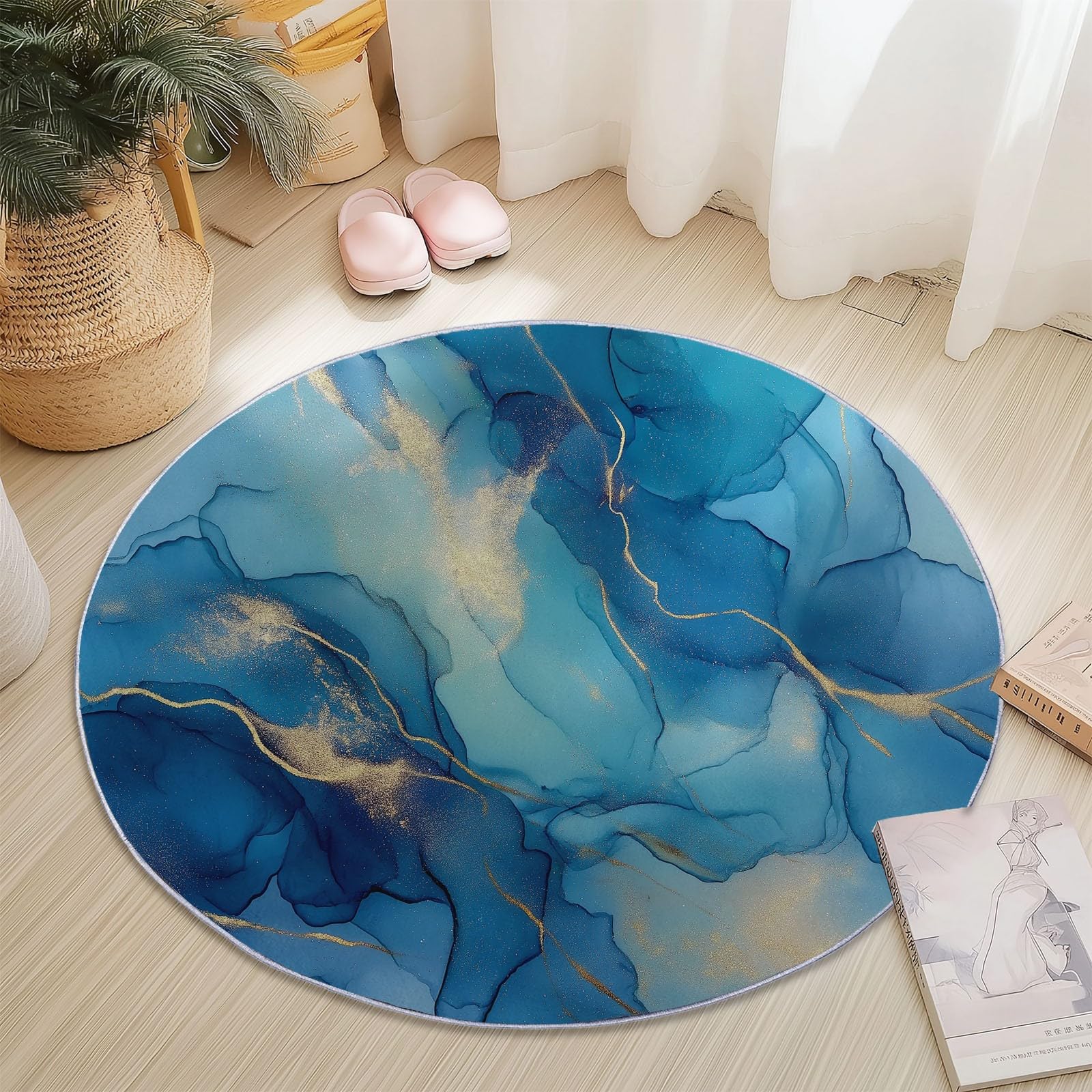 Generisch Teppich Rund 160 cm Abstrakter Eleganter Marmor, rutschfest Teppiche Wohnzimmer, Runder Waschbar Rund Teppiche Kurzflor, Weich Runder Teppich Blau Gold for Wohnzimmer Schlafzimmer Studie
