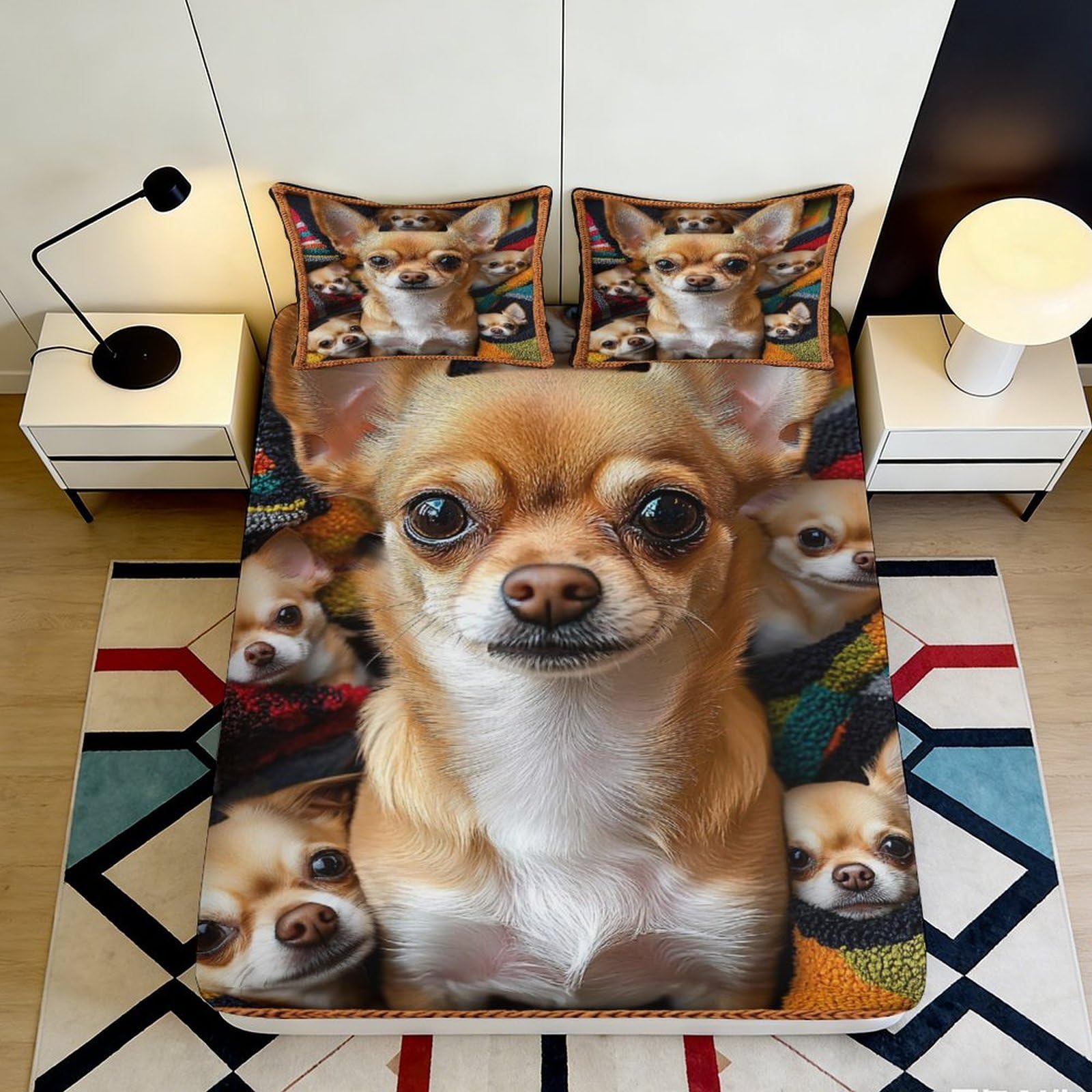 3D Printed Chihuahua Dog Fitted Sheet Microfiber Soft Breathable Cute Puppy Bed Cover for Bedroom Dorm Decor Mattress Protection 90x200x25cm