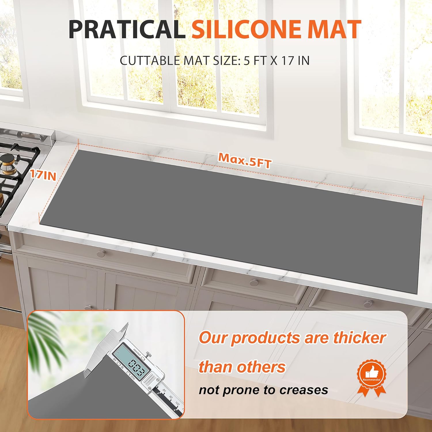 Silicone Mat Roll - Silicone Mats for Kitchen Counter, Heat Resistant Countertop Protector, Non-Slip Table Mat Desk Saver Pad, Multi-functional Cuttable Silicone Mat, Craft Mat - 17IN X 5FT Gray 17IN × 5FT(Thick 0.85MM)