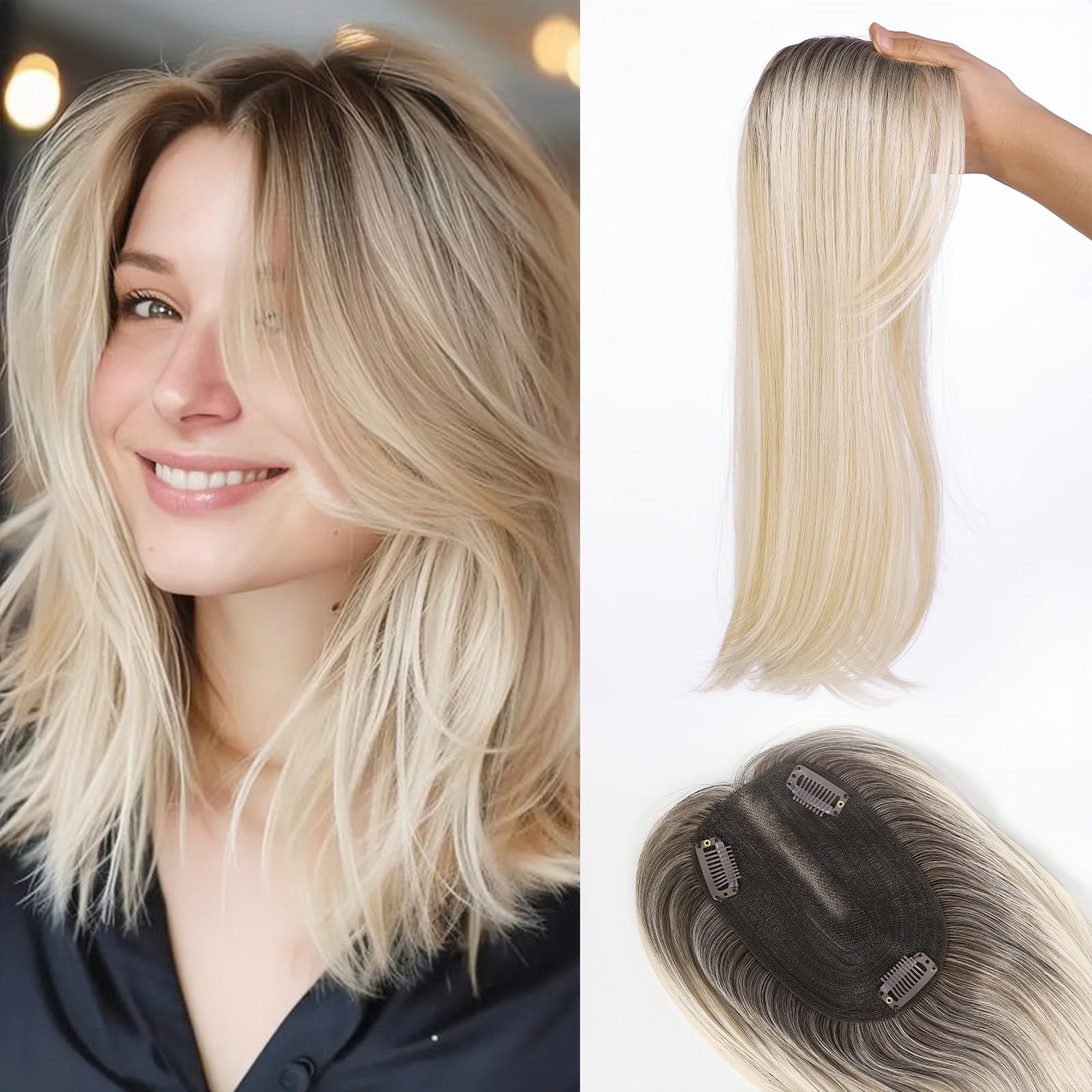 Starluck 14-Inch Ombre Blonde Layered Hair Topper with Bangs for Women, Swiss Base Synthetic Hair Topper with 3 Clips