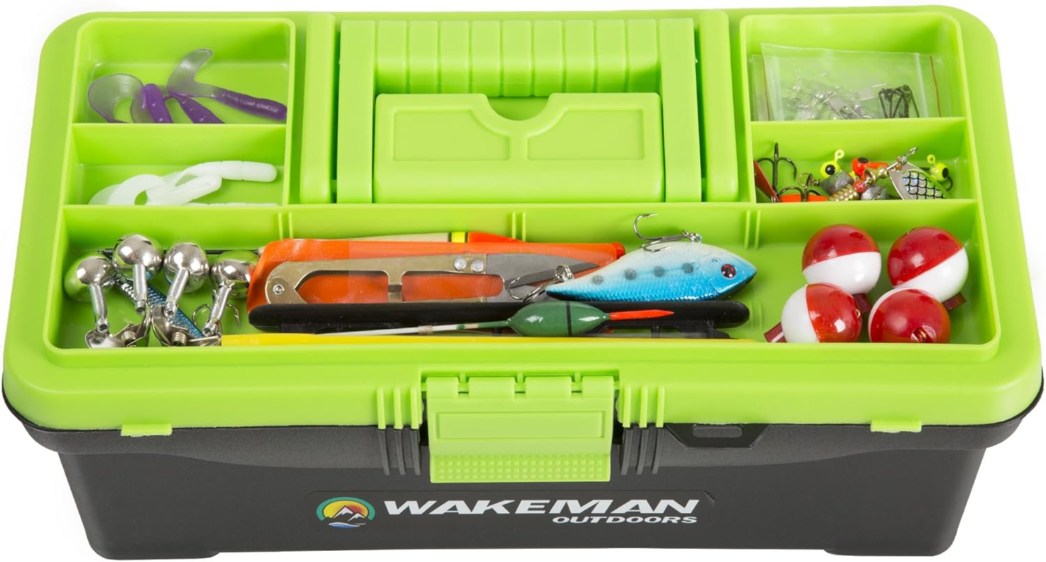 Fishing Single Tray Tackle Box- 55 Piece Tackle Gear Kit Includes Sinkers, Hooks Lures Bobbers Swivels and Fishing Line By Wakeman Outdoors Lime Green : Sports & Outdoors