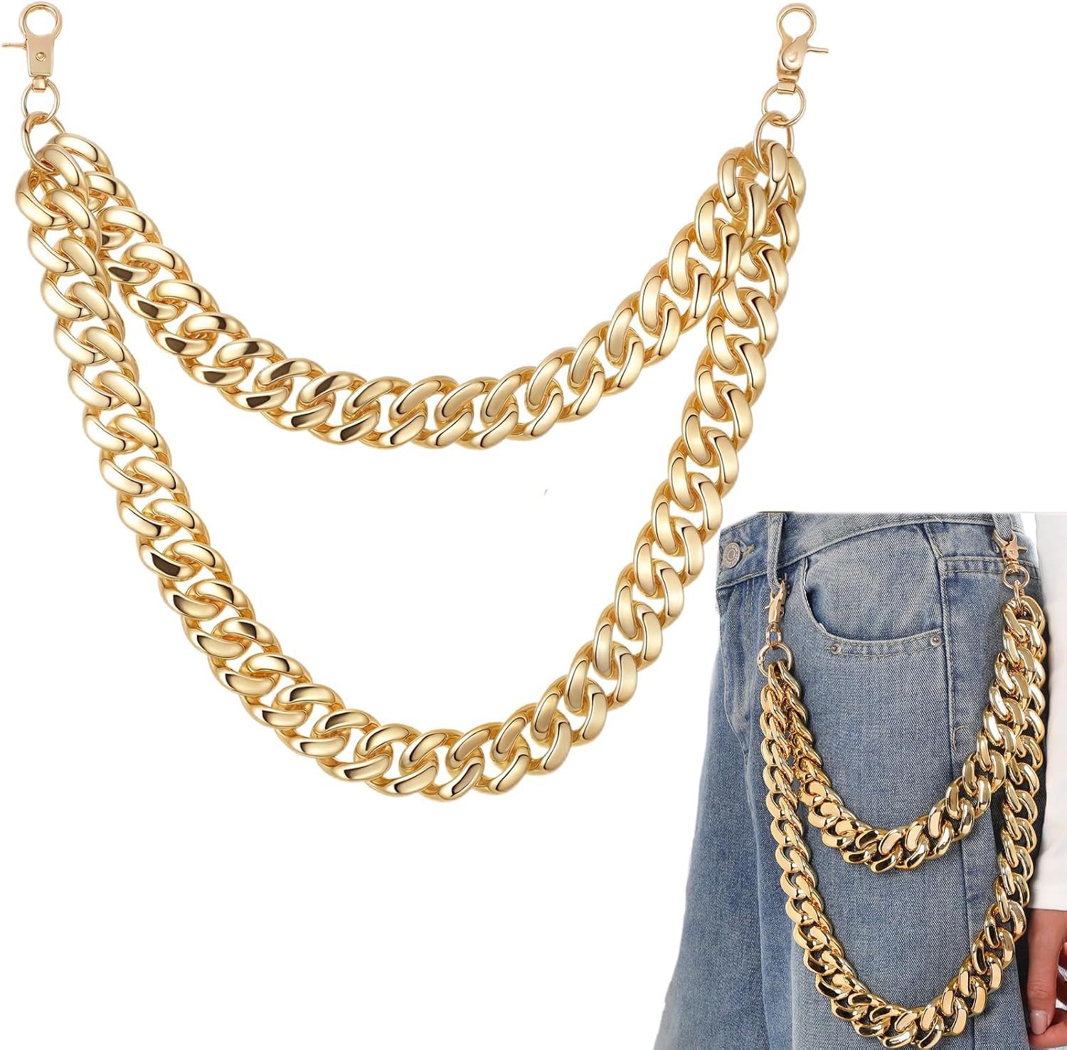 Quelay Pants Chain for Men Women, Punk 90s Hip Hop Wallet Chain, 1 Inch Width Belt Rock Jean DIY Decoration for Jeans Trousers Accessories