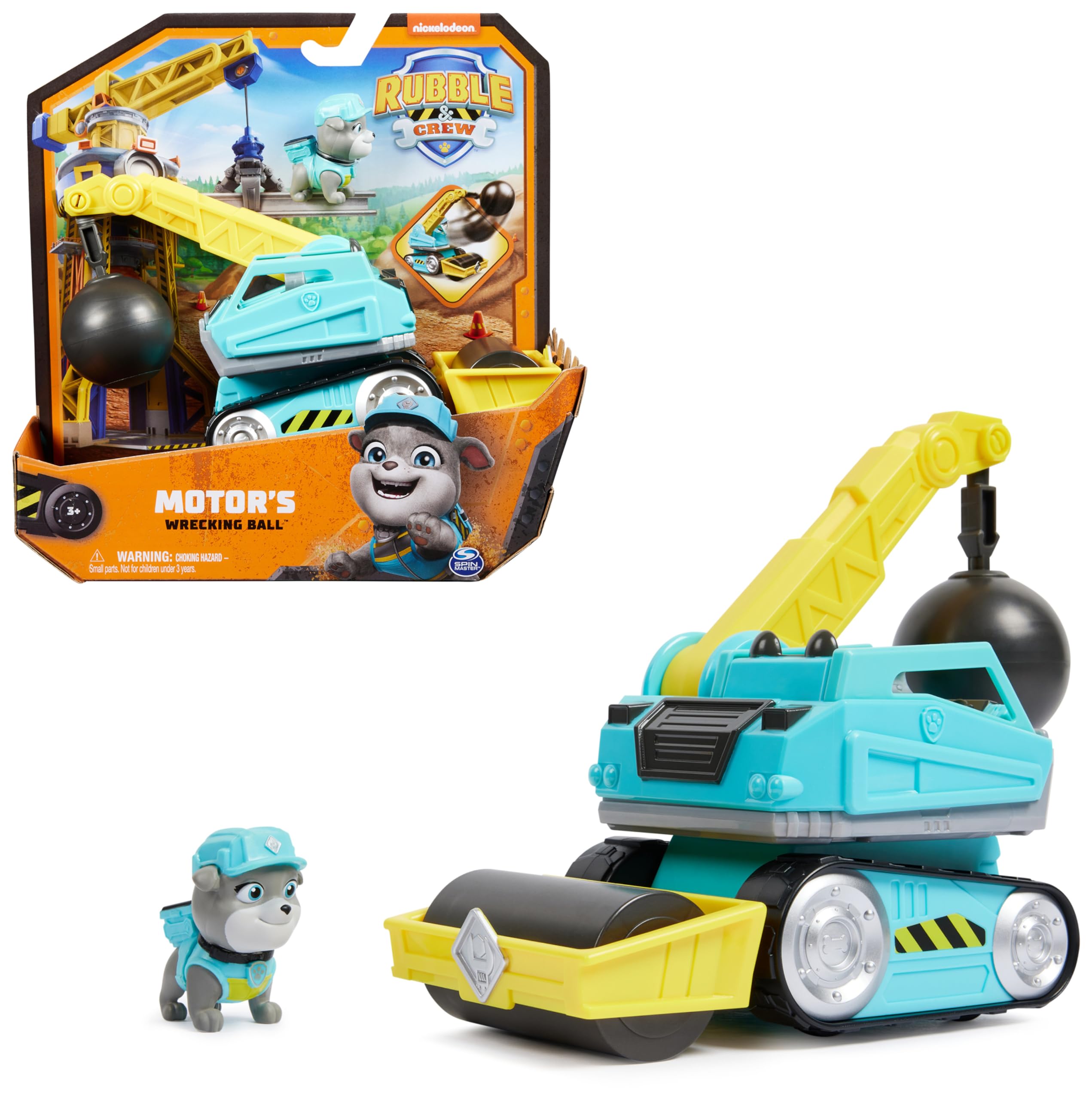Rubble & Crew - Abrissbirnen-Baufahrzeug (Basis Fahrzeug) mit Motor-Figur, bewegliche Abrisskugel und Asphaltfertiger, authentisches Spielzeug aus TV-Serie, für Kinder ab 3 Jahren