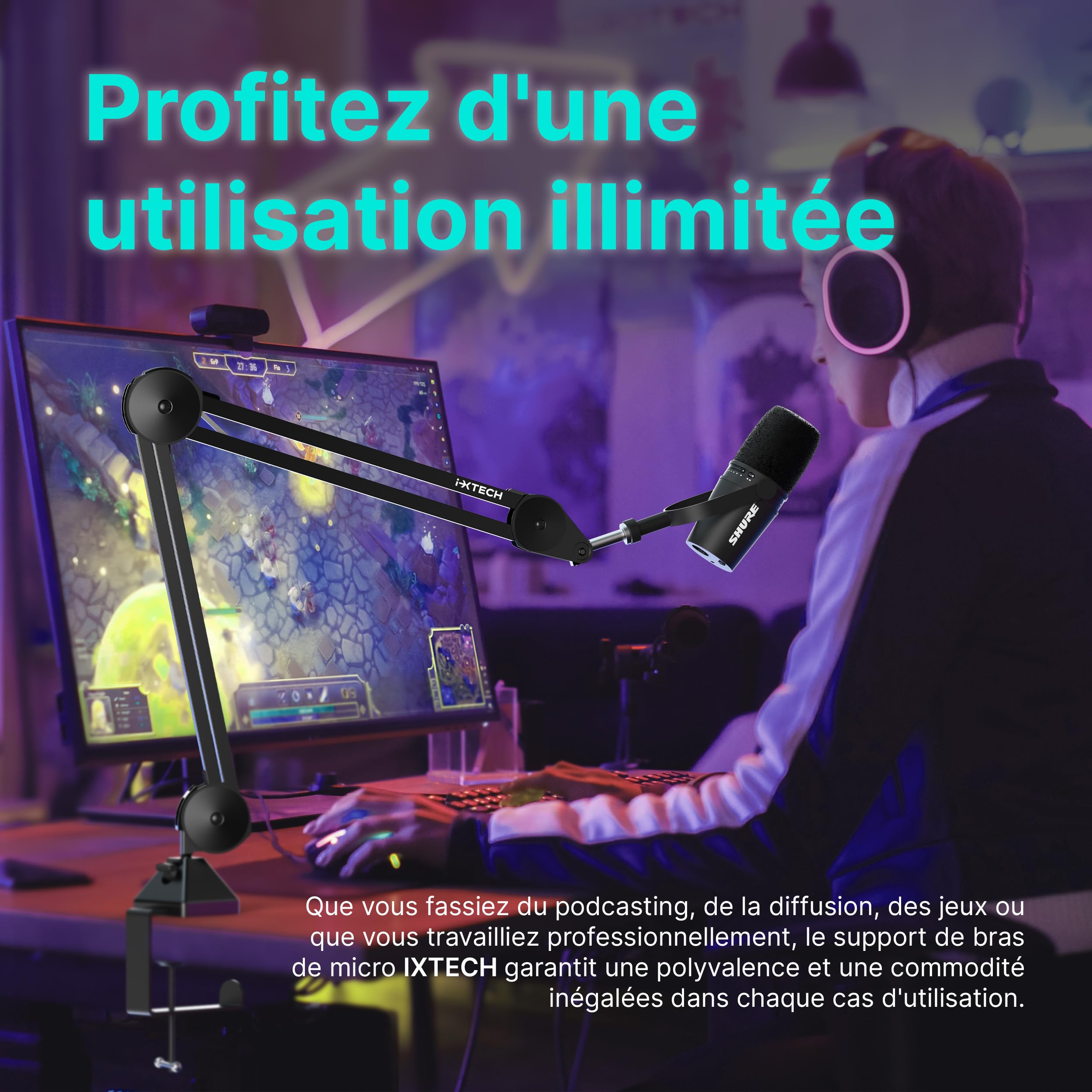 IXTECH Microphone Boom Arm stand, Support pour micro ajustable avec attaches, montant de bureau pour streaming, podcast et jeu (MÉDIAUX)