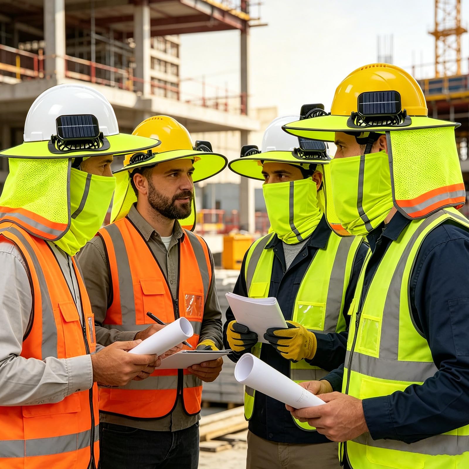 1 Set Schutzhelm-Sonnenschutz mit Solar-Ventilator, Hart-Hut-Sonnenschutz-Schutzhelm HI-VIZ mit breiter Krempe & Nackenschutz, Cooling Mesh, kontrastierende Reflexstreifen, Helmzubehör