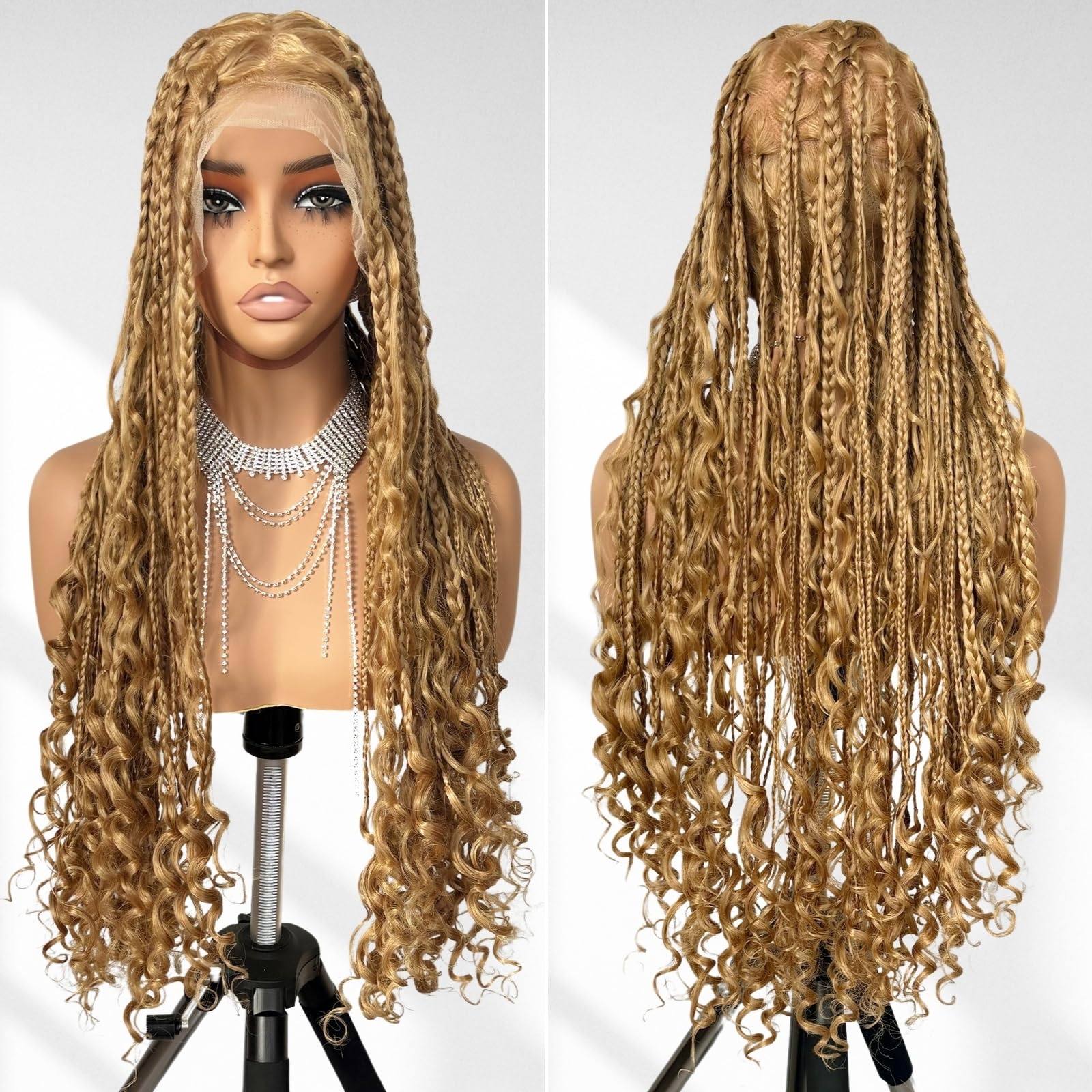 FABÉLLE 32 Inch Triangle Knotless Braided Wig for African American Women Boho Ggoddess Box Braid Wig Honey Blonde Single Full Lace Braid Wigs