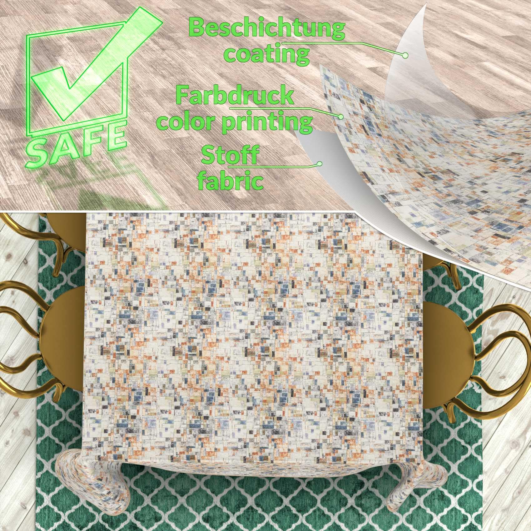 ANRO Mantel Antimanchas Mosaico Madera con Dobladillo 240x140 cm