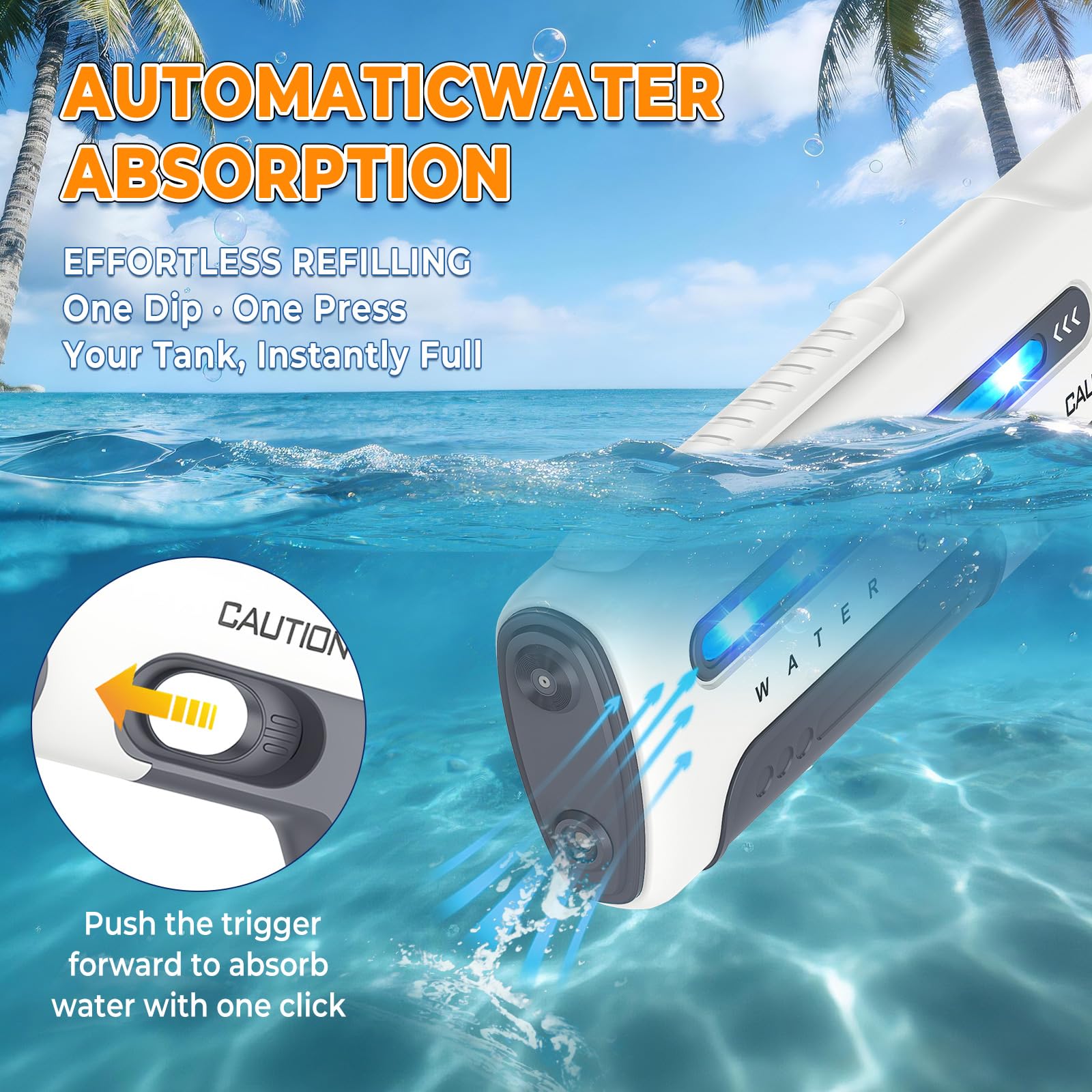 Elektrische Wasserpistole für Kinder Erwachsene, Automatische Wasserspritzpistole mit LED-Licht Wasseraufnahme, Dauerfeuer 8m Reichweite, Sommer Spielzeug for Pool, Strand (Weiß)
