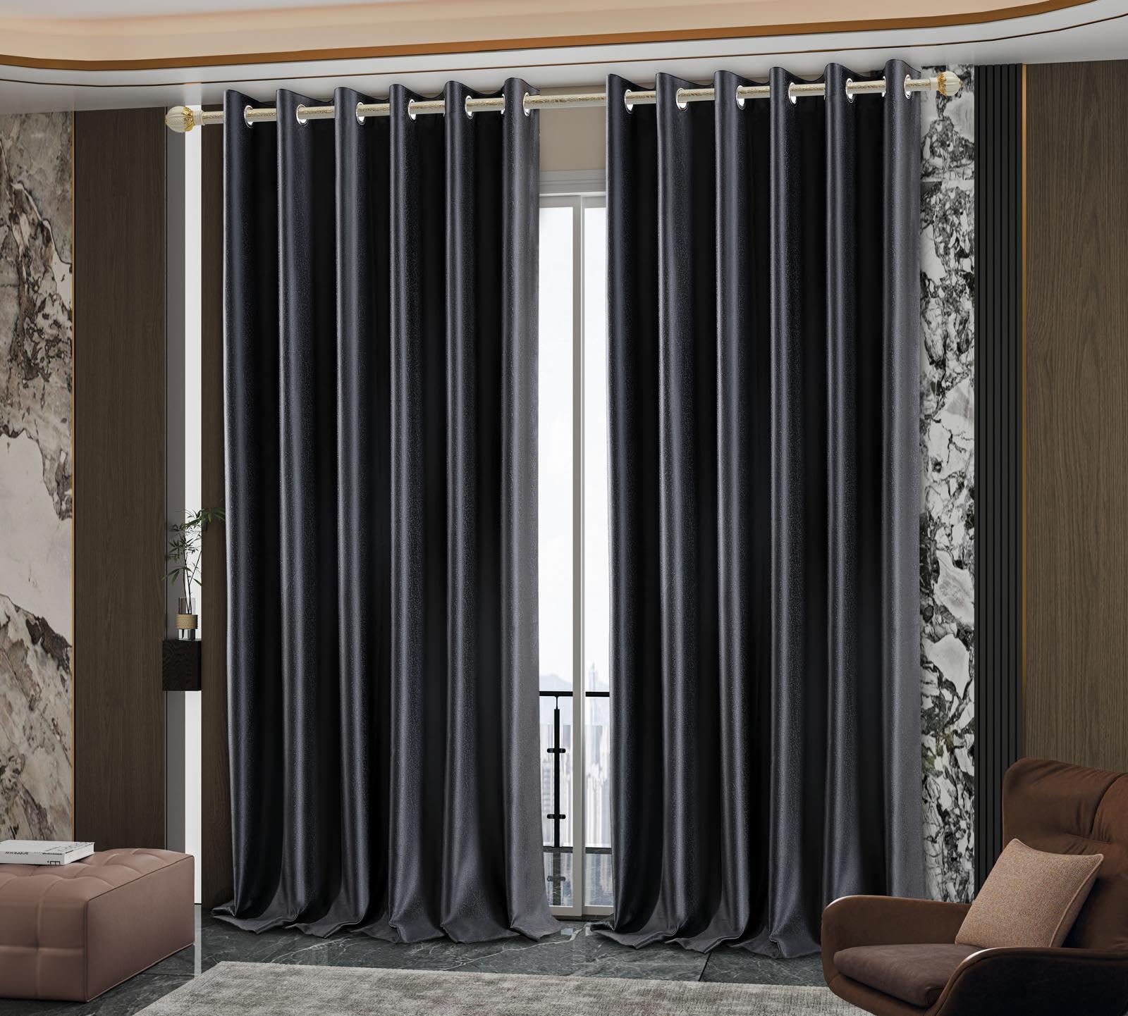 PRIME LINENS 100% Blackout Curtains for Bedroom - 320 GSM Blackout Living Room Curtains Soft Thermal Insulated Curtain Pair Panels (Veince Charcoal, 66X54 Inches)