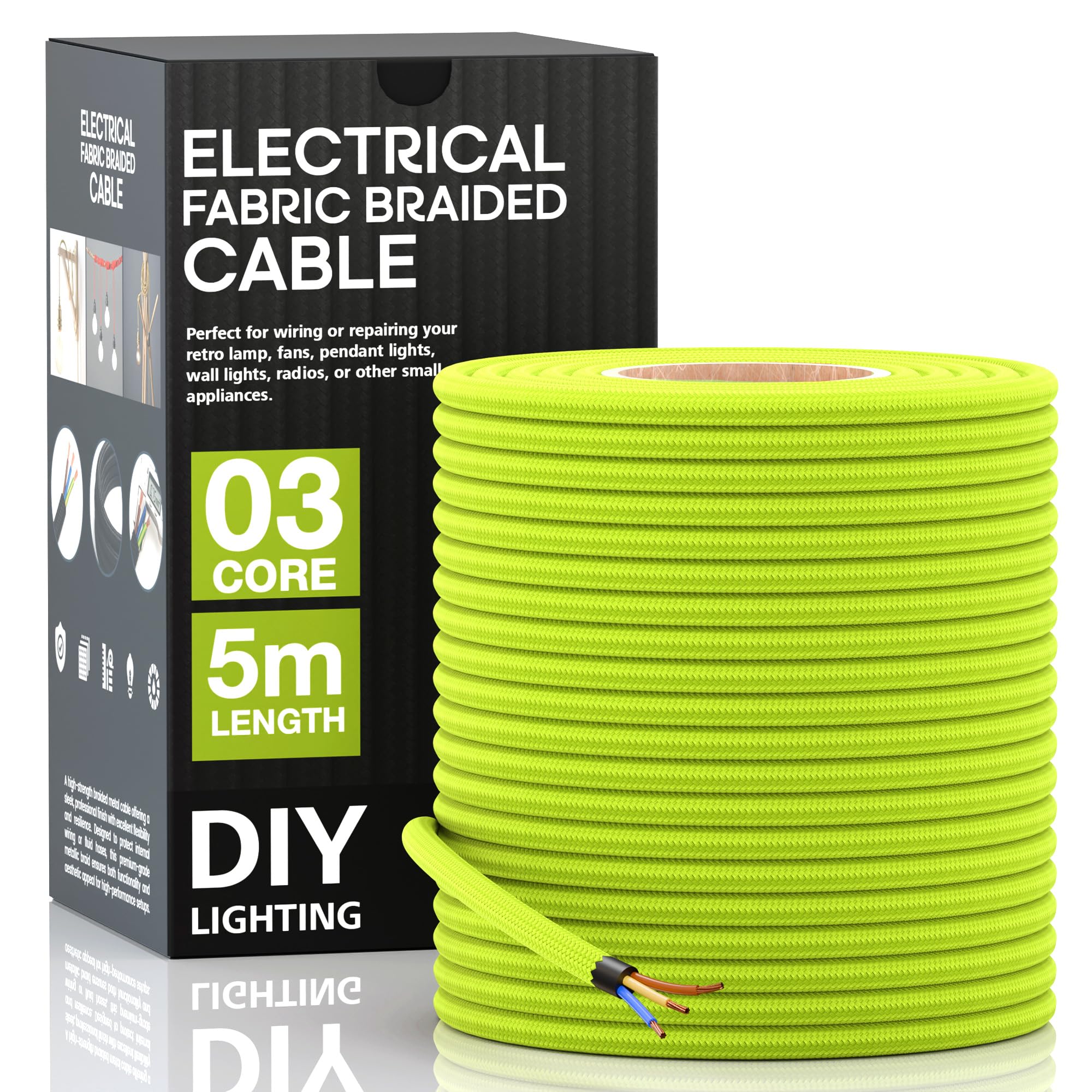 LEDSone 3 Core Round 5 Meter Light Green Fabric Braided Flex Lighting Cable, Vintage Electrical Cable Wire Flexible Fabric DIY Electrical Wire for Lamps, Flex Cables for Appliances (Light Green) — image 1