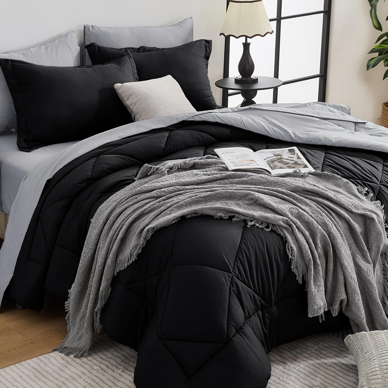 HEVUMYI 7-Piece Oversized King Comforter Set, Black &amp; Light Grey Bed in a Bag