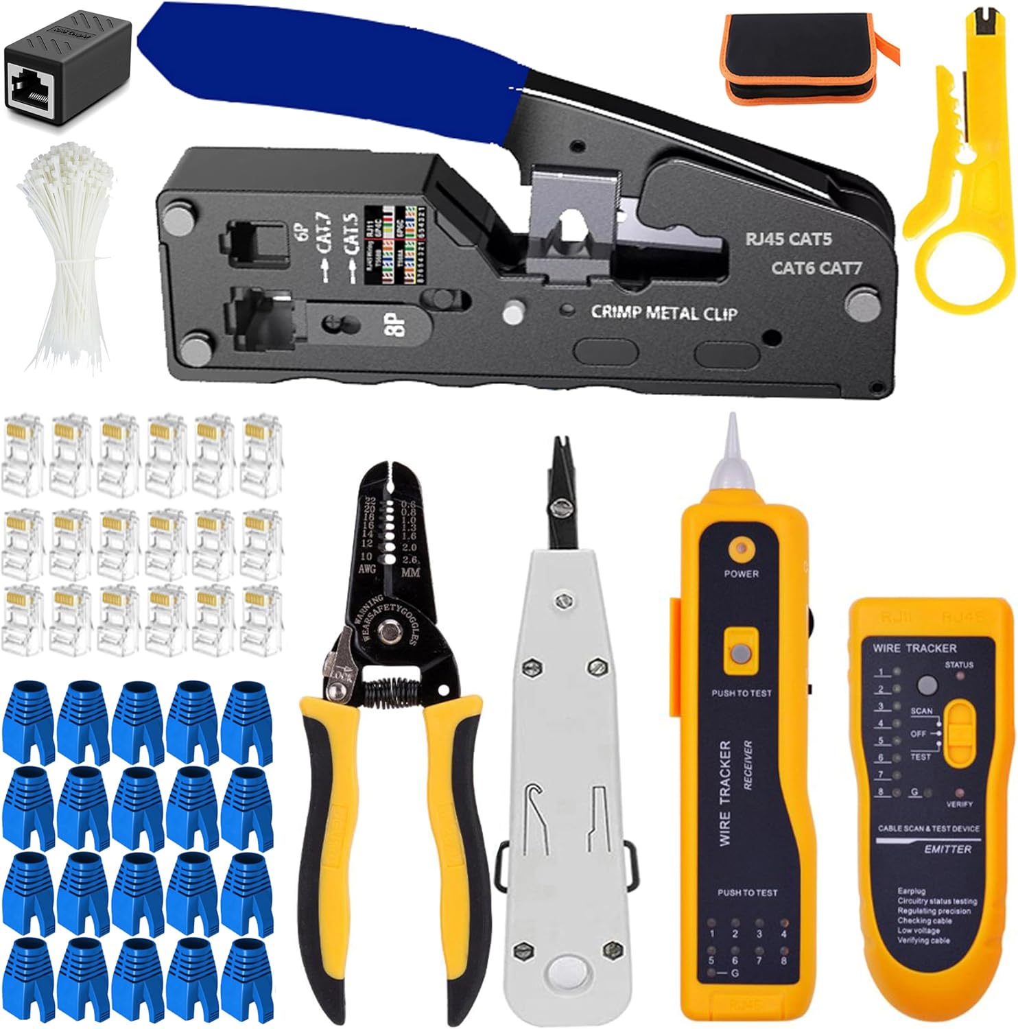 LEATBUY Cat5 Cat5e Cat6 Crimp Tool Kit RJ45 Crimping Tool, 50PCS RJ45 Cat6 Pass Through Connectors, 50PCS Covers, Network Cable Tester, Wire Punch Down Cutter (Blue), LEF-DLX50062