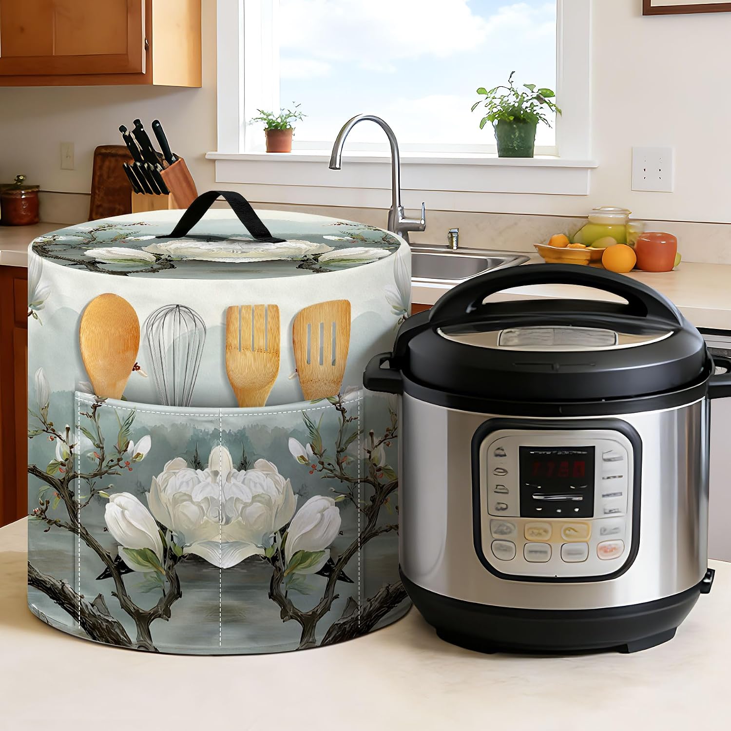 NYZE Magnolia Flower Kitchen Small Appliance Dust Cover for 6 Quart Pressure Cooker Slow Cooker, Decorative Covers with Top Handle & Storage Pockets