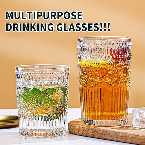 Miniatura 5 de GoldArea Juego de 8 vasos de bebida vintage, cristalería a rayas texturizadas, 4 vasos altos de 12 onzas y 4 vasos de 10 onzas, cristalería