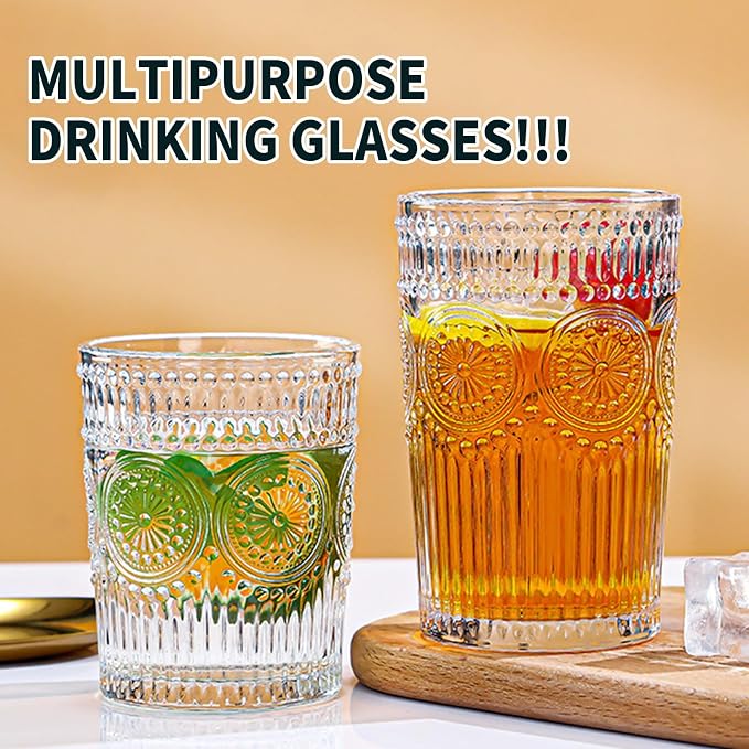 Hobnail Drinking Glasses Set of 8-16oz Vintage Glassware, Highball Drinking Cups, Handmade Embossed Beaded Glasses - For Whiskey, Wine, Cocktails - Clear