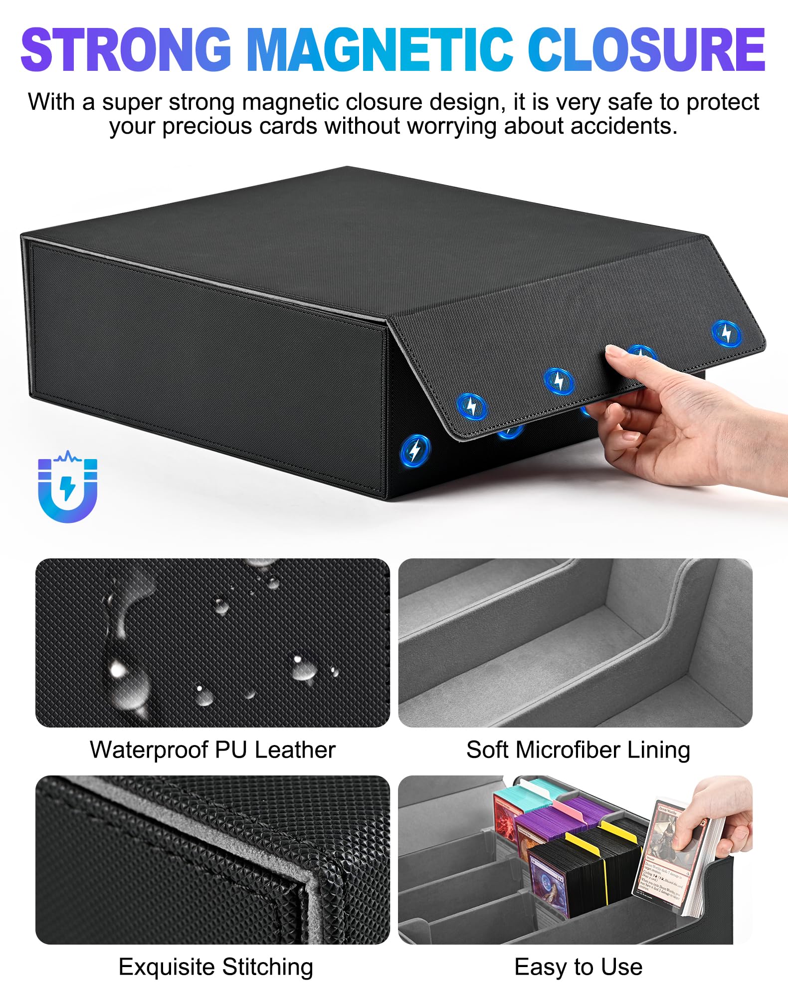 UAONO Card Deck Box for MTG Commander Deck, Double Deck Box With Dice Tray Holds 200 Sleeved Trading Cards, Card Case Storage Box for Magic The Gathering Sports Playing Cards (Black&Blue