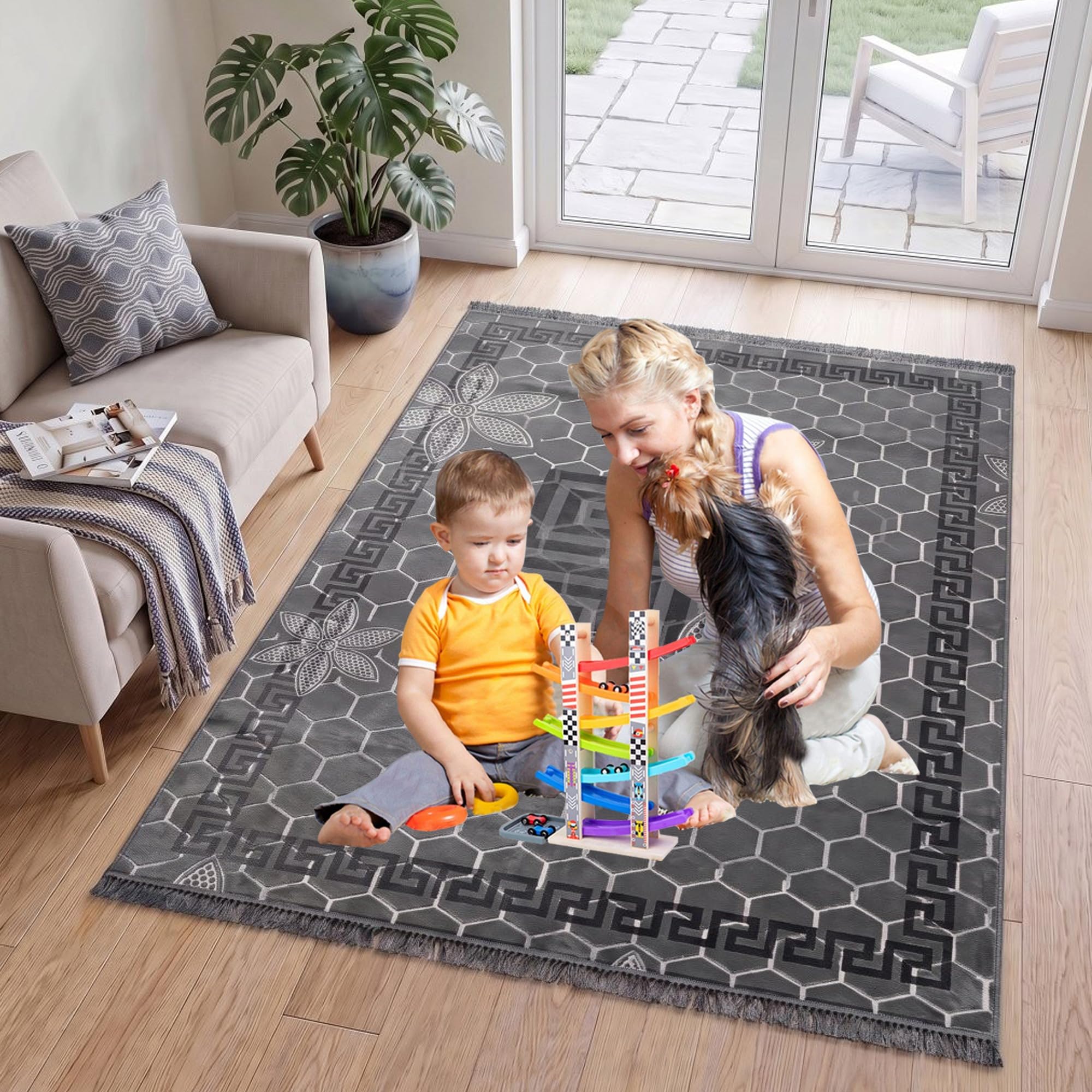 Lions Greek Rugs Living Room - 80x180cm - Extra Large Anti Slip Modern Floor Carpet, Area Rugs for Bedroom Kitchen, 100% Polyester, Charcoal Grey