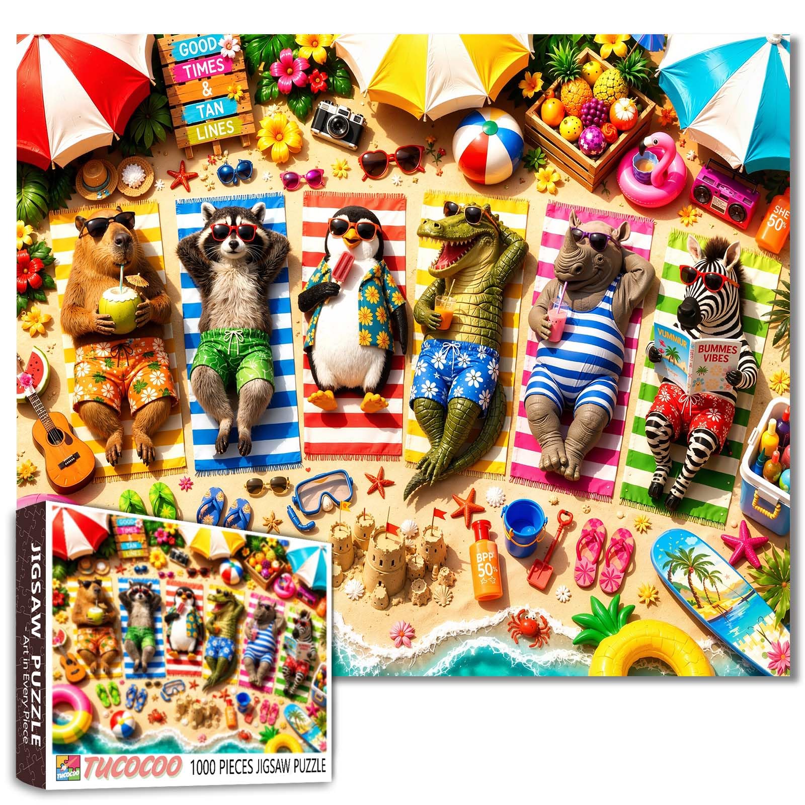 Funny Animals Jigsaw Puzzles for Adults 1000 Pieces Beach Party DIY Puzzles for Family Activity Games Sunbathing Art Jigsaw Puzzles Home Wall Decor Craft Gifts 19.7 x 27.6 Inch — image 1