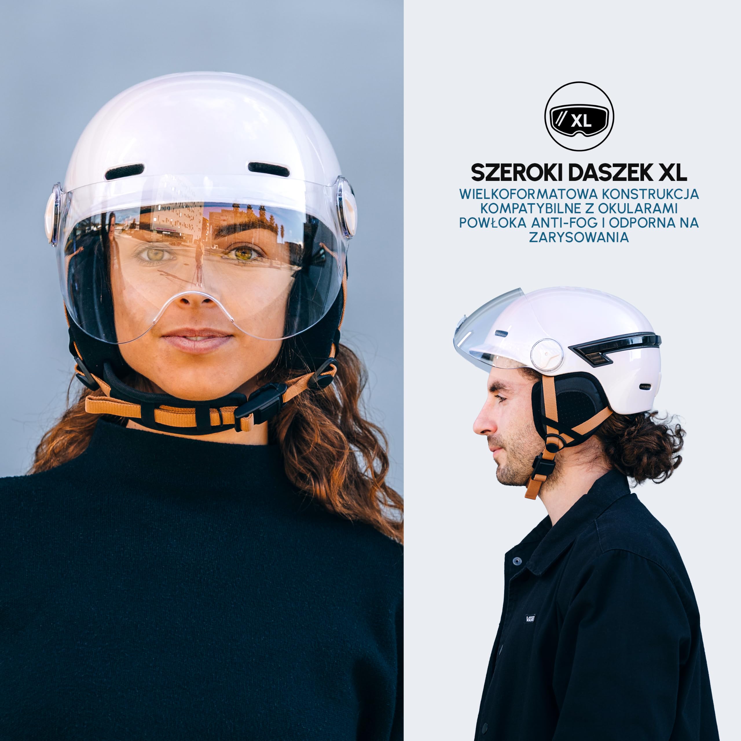 Kask CASR Glow, miejski kask ochronny LED, z certyfikatem EPI, kremowy, rozmiar M, trasertyczny i odpinany daszek, z diodami LED i kierunkowskaźnikami, uniwersalny pilot zdalnego sterowania,