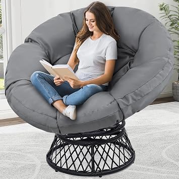 46"Oversized Rattan Papasan Chair,Black Frame with Dark Grey Cushion | with Cushion and Frame for Adults, Big Wicker Circle Chair, 360 Swivel