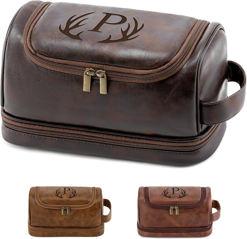Necessaire suspensa de viagem Aganmi com zíper, estampa de letra e compartimentos, Marrom-escuro