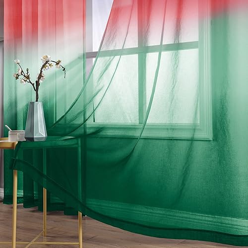 Miniatura 3 de KOUFALL Cortinas de Navidad de 63 pulgadas de largo, cortinas de ventana de Navidad rojas y verdes, transparentes para sala de estar, juego de 2