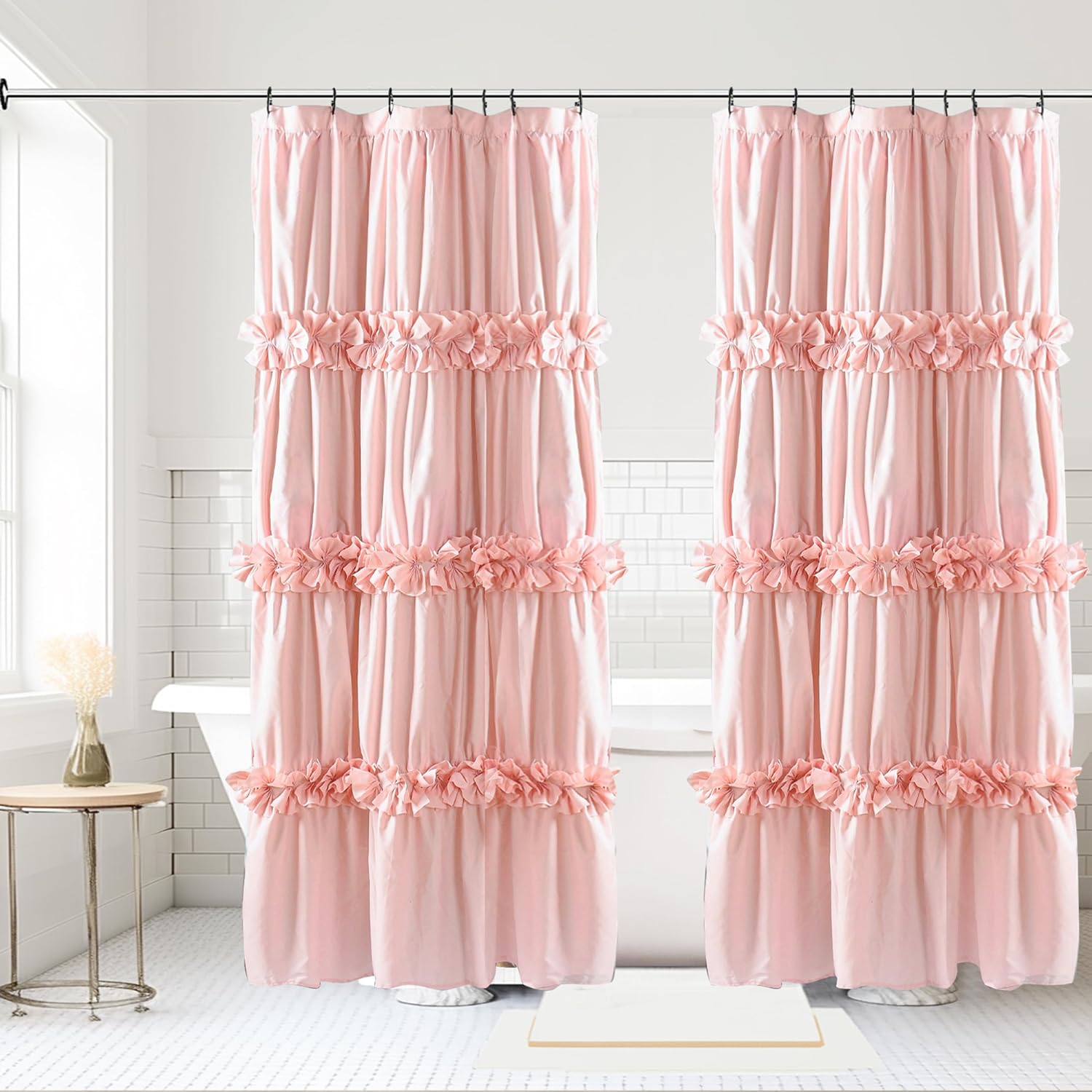2-Piece Peach Shower Curtain Set, Soft Fabric Double Panels for Easy Access, Cozy Brushed Texture, Ruffle Design, Everyday Bathroom Décor, 36" W x 72" H x 2 Panels (LQ-44)
