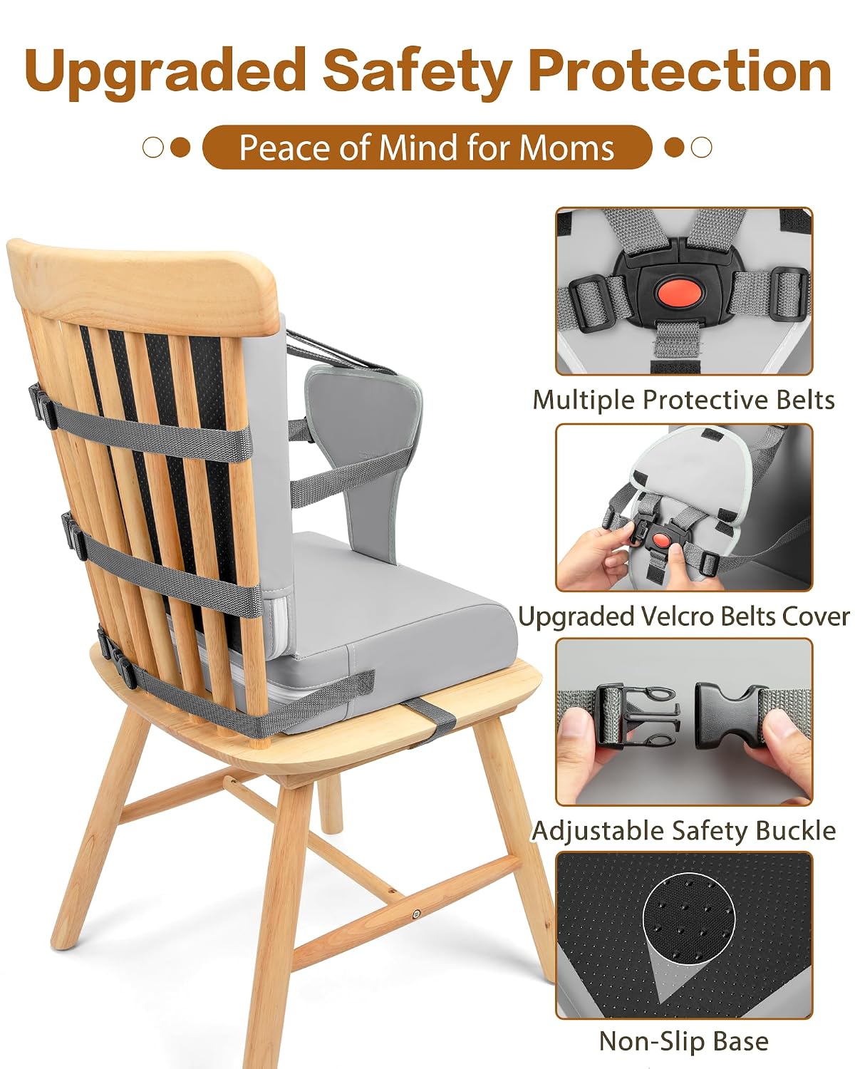 Toddler Booster Seat for Dining Table, 5-Point Safety Harness and Backrest, Waterproof Wipeable Booster Seat for Kitchen Chair, Non-Slip Portable Travel Baby Increasing Cushion - Light Gray