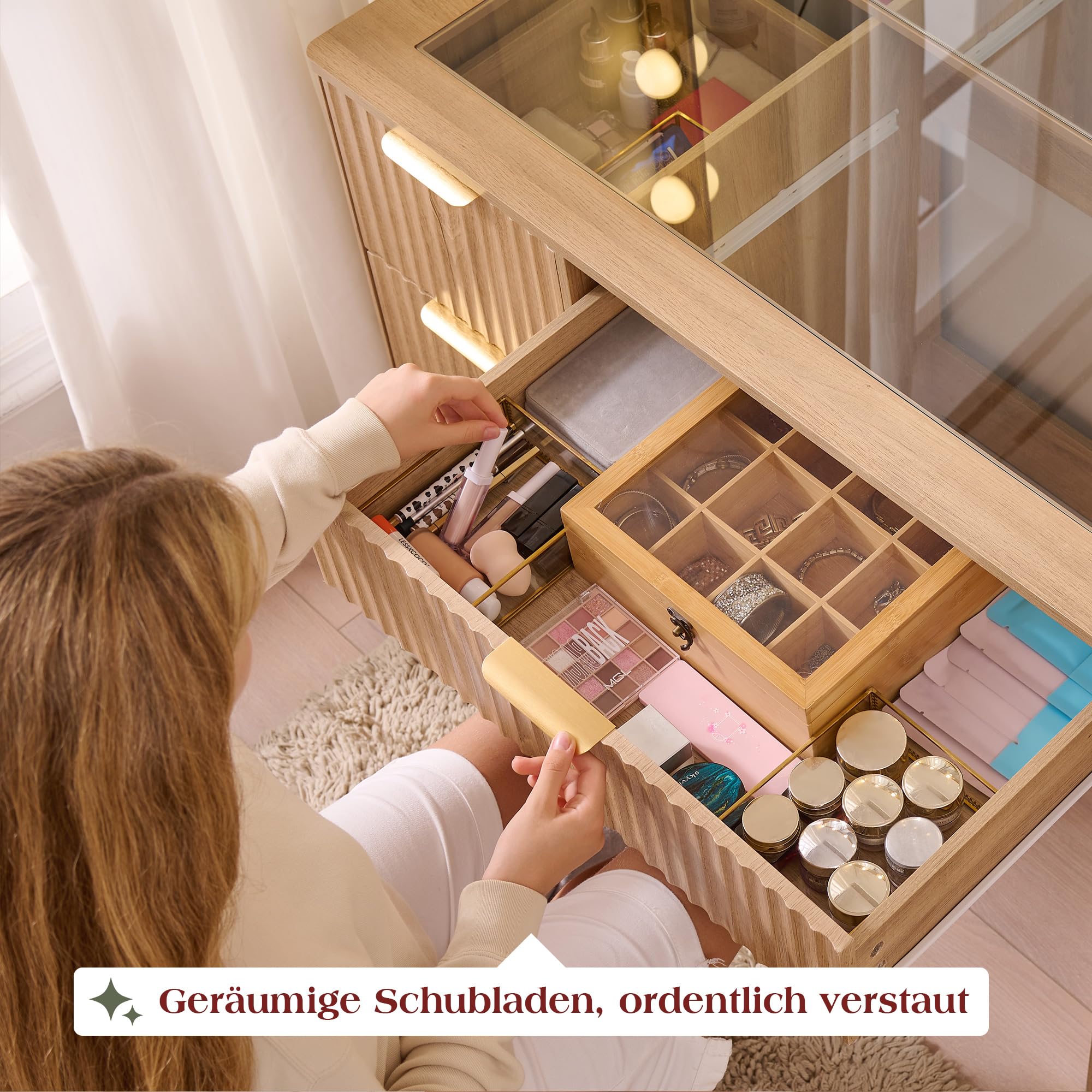 LUXOAK Schminktisch mit Spiegel & 10 LED-Lampen, Großer Frisiertisch mit Glasplatte & Steckdose, 7 Schubladen & Föhnhalterung, Moderner Kosmetiktisch für Schlafzimmer, Eiche