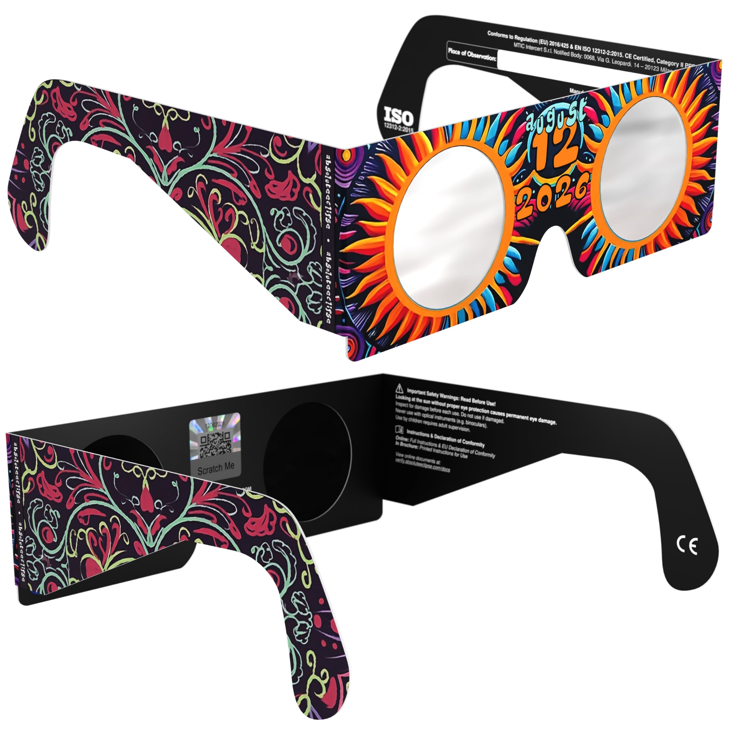 Absolute Eclipse Sonnenfinsternis Brille 2026 zum Sehen der Sonnenfinsternis - ISO 12312-2 CE Zertifiziert - 12. August 2026 - Erwachsene Kinder - EU Hersteller Anerkannt AAS - 55+ Designs