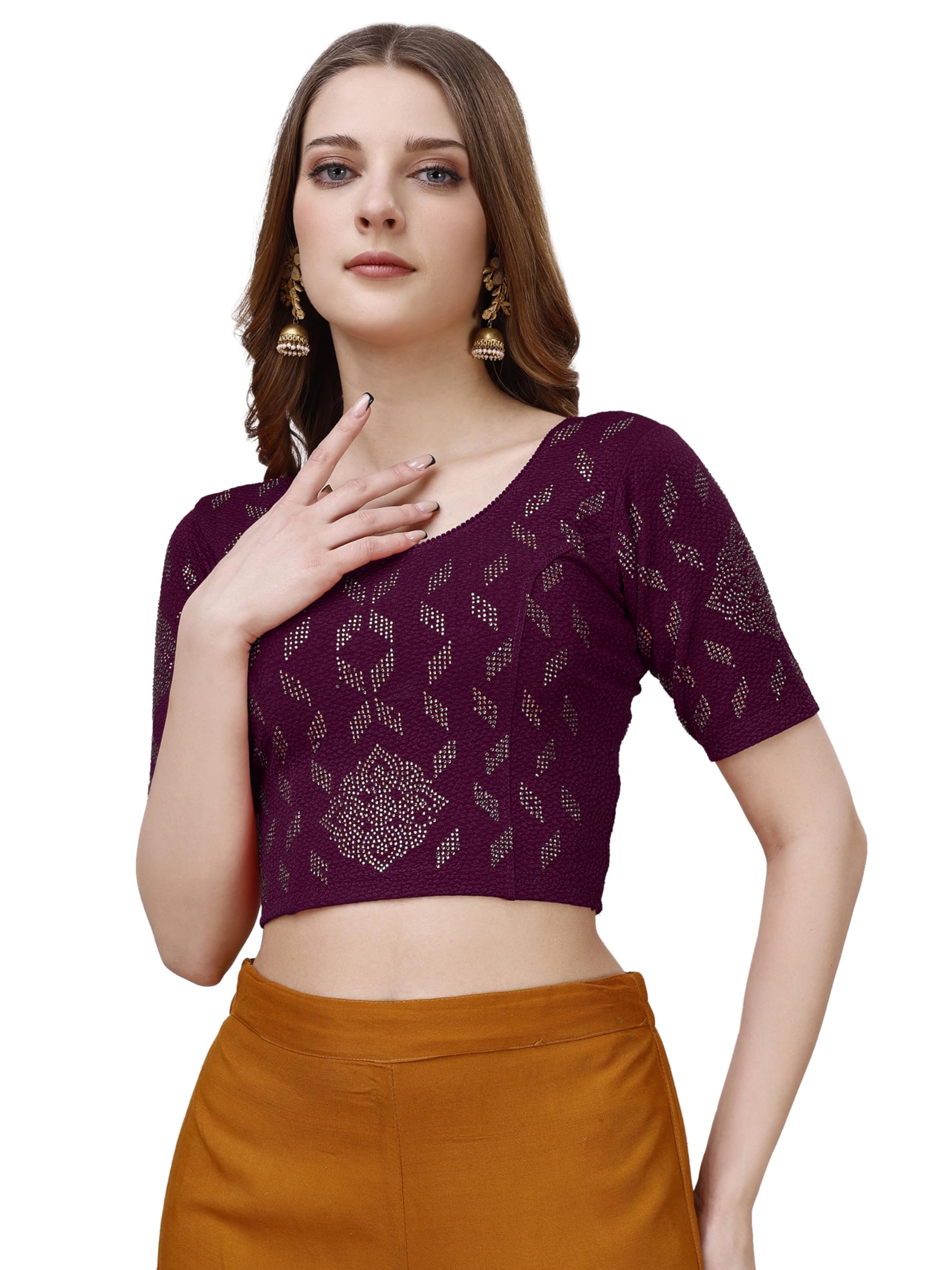 Pujia Mills Women's Readymade Hosiery Lycra Stretchable Round Neck Half Sleeve Blouse With Swaroski Work Fancy Lycra Stretchable Wine Blouse For Women Readymade Saree Blouse