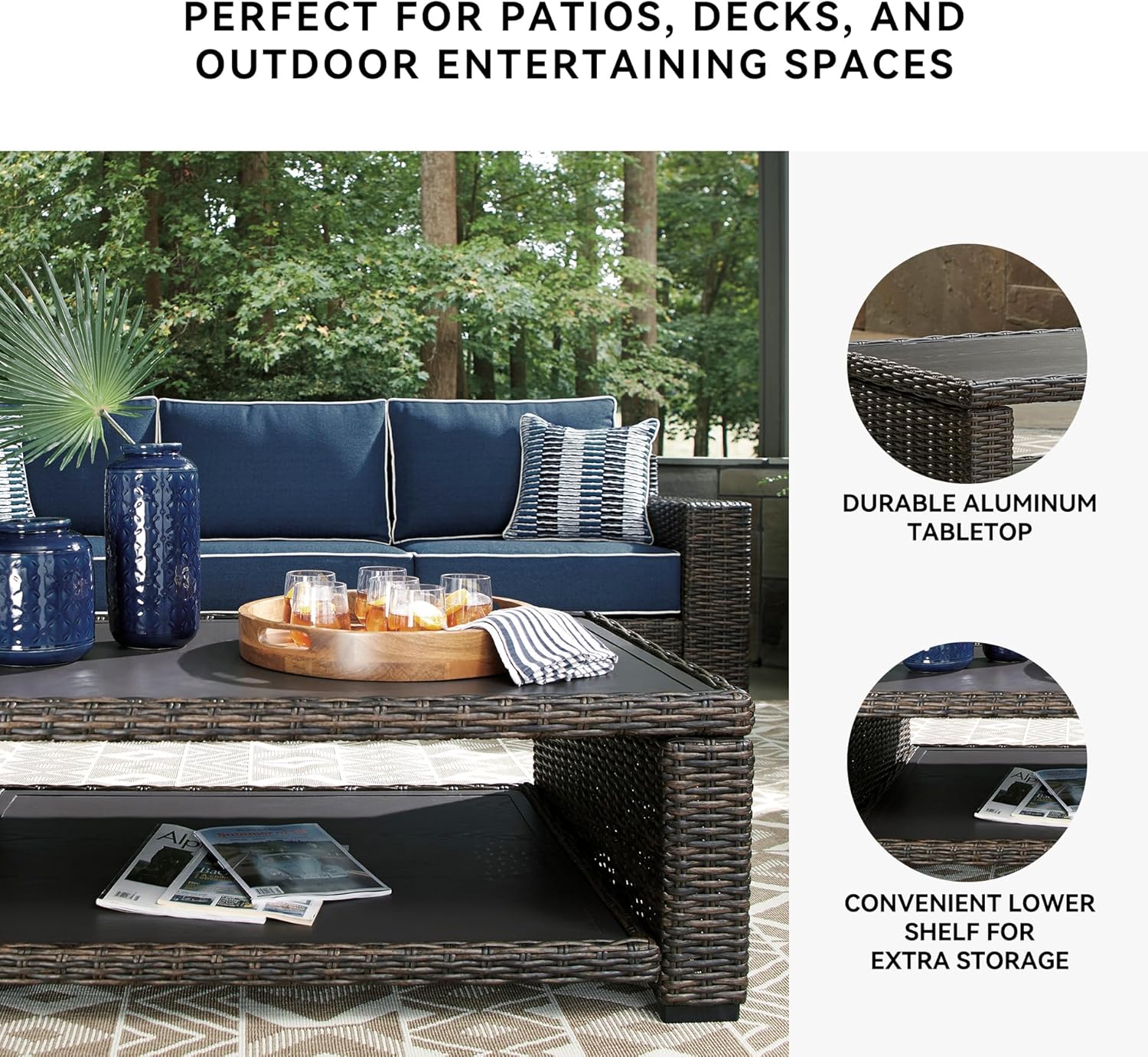 Signature Design by Ashley Grasson Lane Outdoor Wicker Cocktail Table with Aluminum Frame, Brown