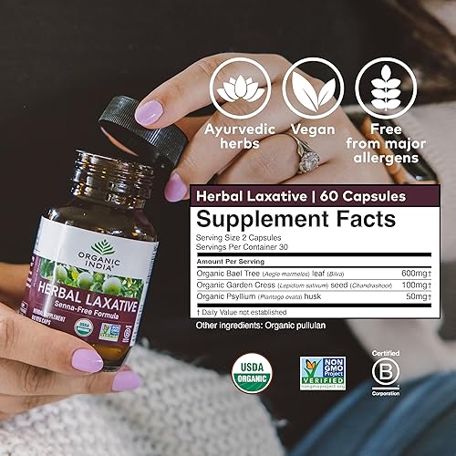 Miniatura 6 de ORGANIC INDIA Suplemento laxante herbario  Laxante natural para el estreñimiento, cápsulas laxantes herbarias, alivio del estreñimiento para mujeres