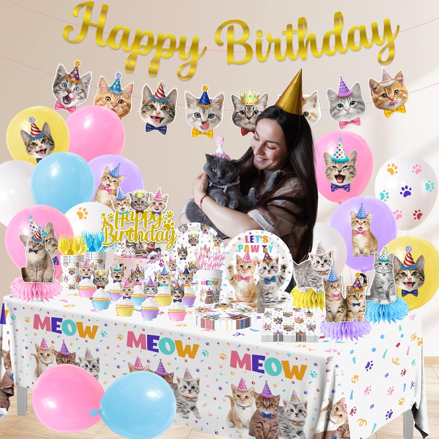 Cat Birthday Decorations,190pcs Cat Party Decorations cat Birthday Plates and Napkins Cups Tablecloth Cake Topper Hanging Swirls Centerpiece Balloon for Ca t Party Supplies