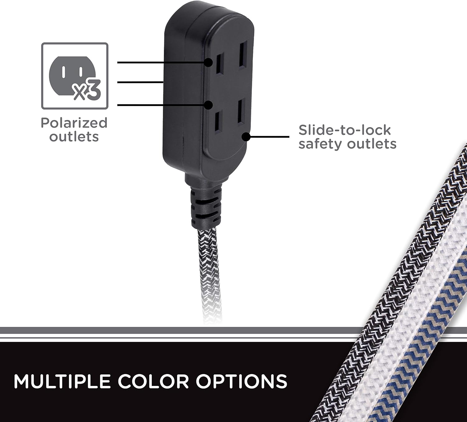Cordinate Designer 3-Outlet Extension Cord, 8 Ft Braided Cable, 2-Prong Power Strip, Slide-to-Lock Safety, Low-Profile Flat Plug, Polarized, ETL Listed, Black/Gray, 42841-T2 : Everything Else