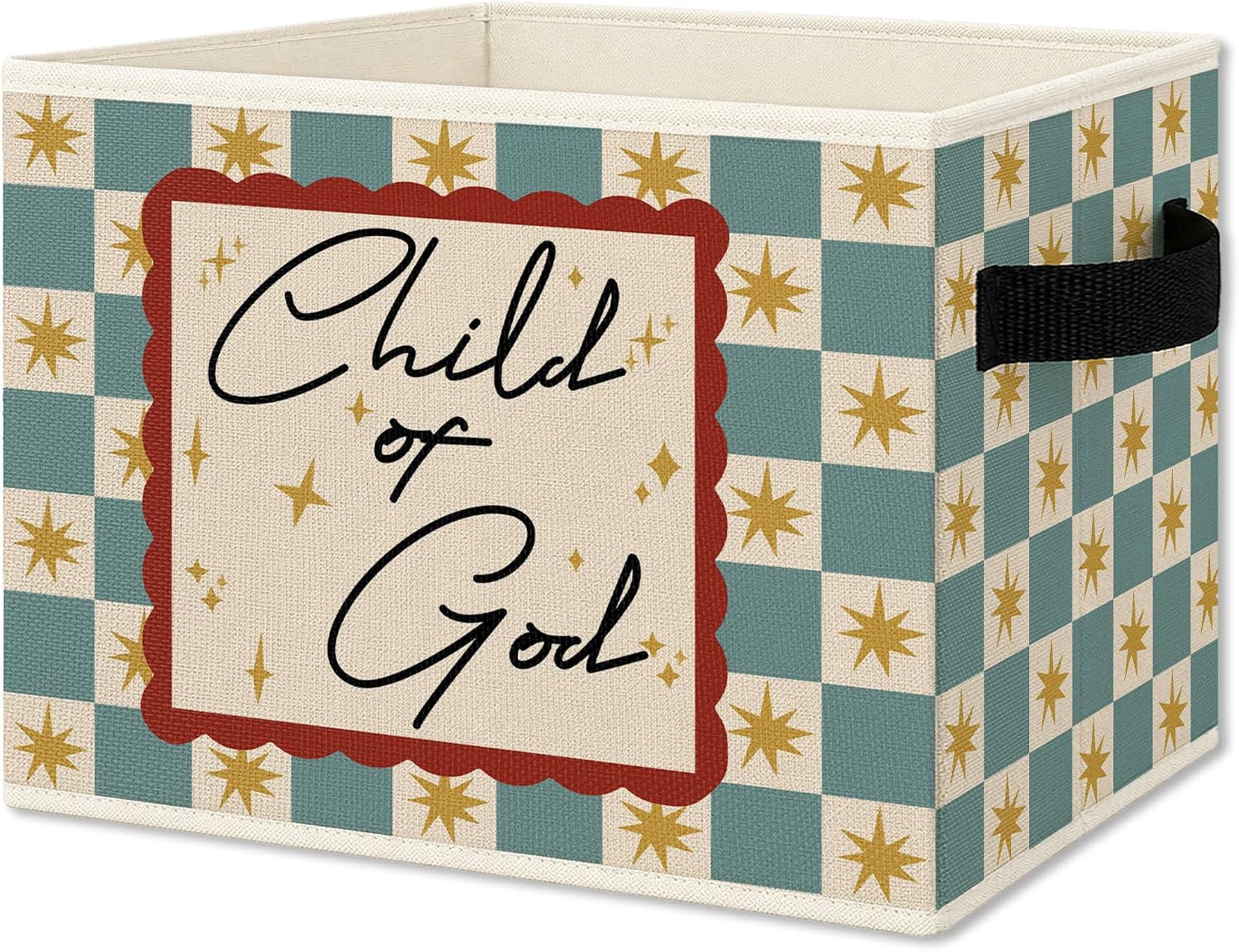 Christian Nursery Foldable Storage Bins Box with Handles, Kids Room Decor, Bible Verse Retro Checkered Star Nursery Collapsible Organizer Basket for Kids Bedroom Bathroom Clothes Books