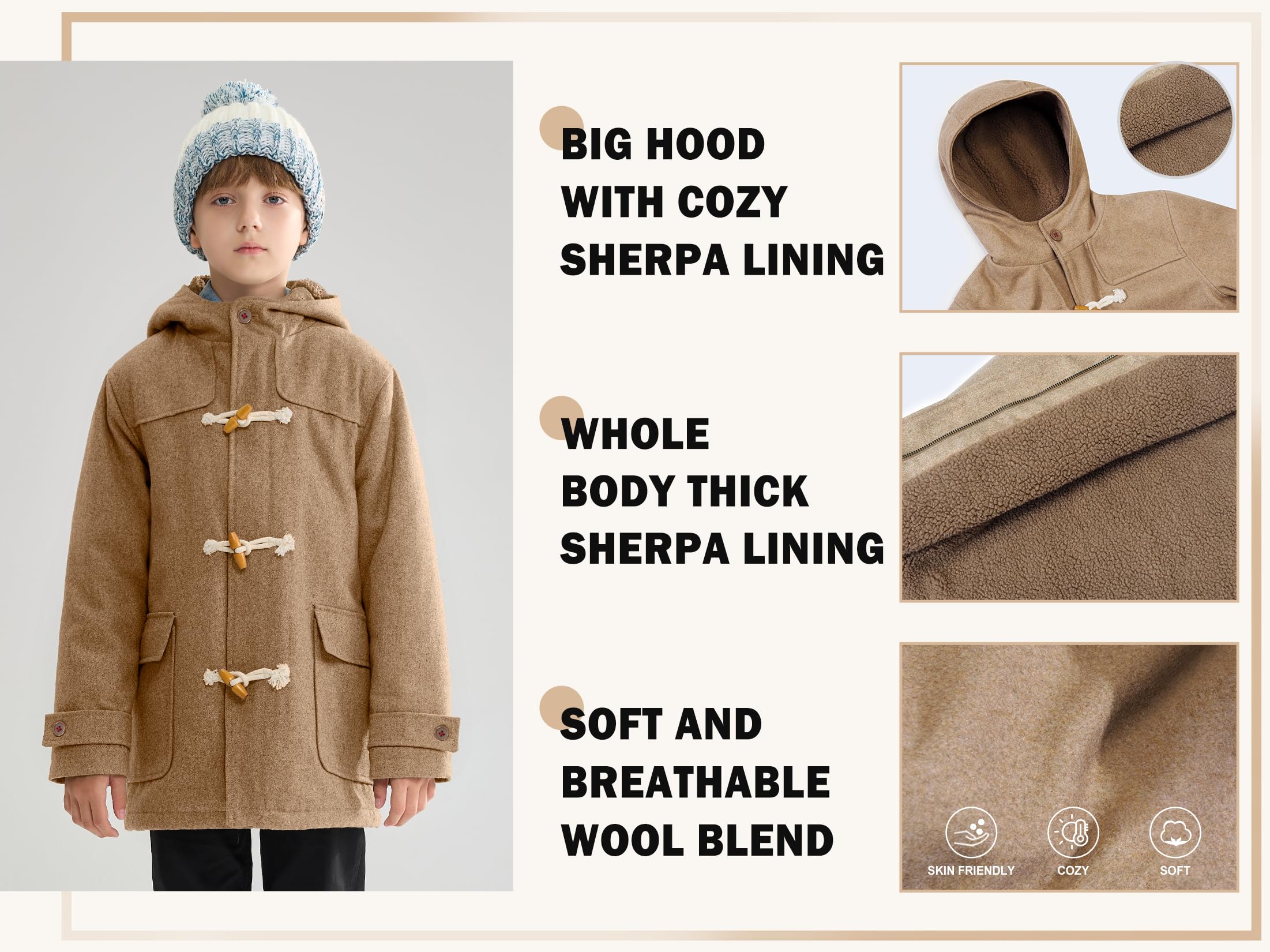 maoo garden Manteau en Laine pour Garçons Veste de sport Doublée Sherpa Lourde d'hiver pour Enfants Manteau Habillé Trench à Capuche