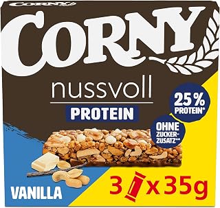 Corny Nussvoll Protein Vanilla | Nussriegel & Proteinriegel ohne Zuckerzusatz | Mit 36% Nüssen & 25% Eiweiß | 3 x 35 g