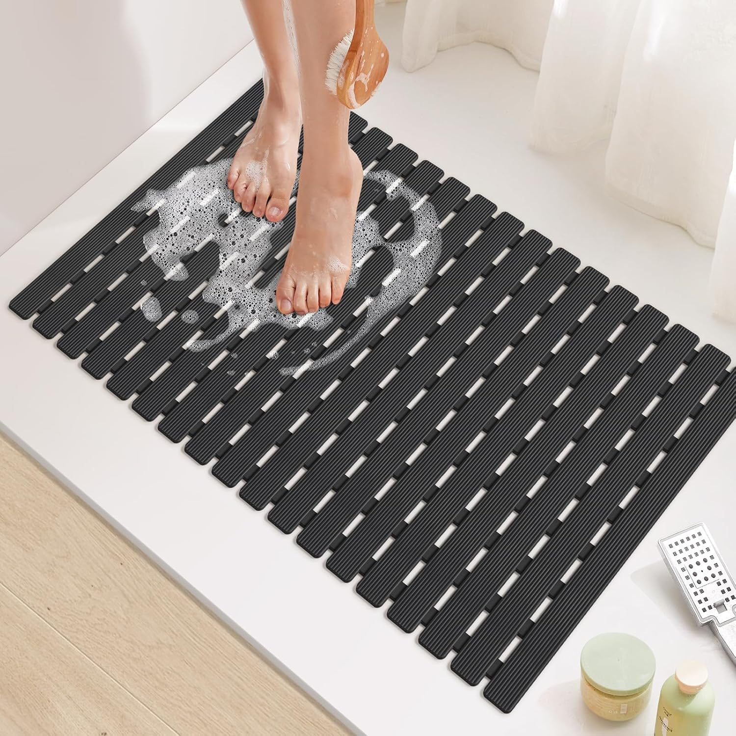 Yolife Quick Drain Shower Mat, 24.8 x 15.8 inch Power Grip Shower Mat Non Slip, Raised Non Slip Shower Mats for Inside Shower, Heavy Duty Curlable Stand up Shower Floor Mat,Blue