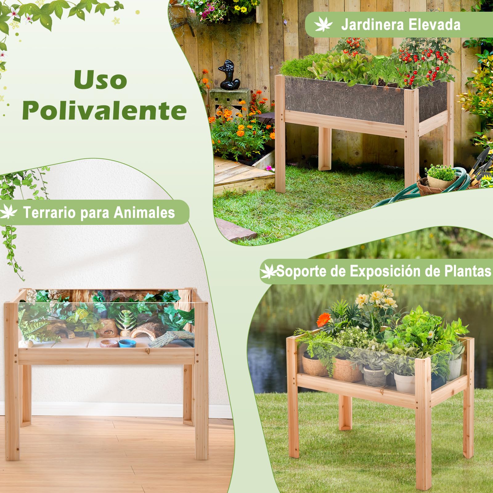 GOPLUS Jardinera Elevada de Madera Abeto 130L, Huerto con Paneles Acrílicos y Orificios de Drenaje, Cama Elevada de Jardín para Plantas, Verduras, Frutas, Hierbas, Flores (100x59x77cm)