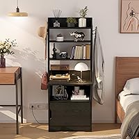 LIKIMIO 55" Tall Nightstand with Charging Station, Storage Cabinet & Bookshelf - Vintage Black End Table for Bedroom, Living Room, Office