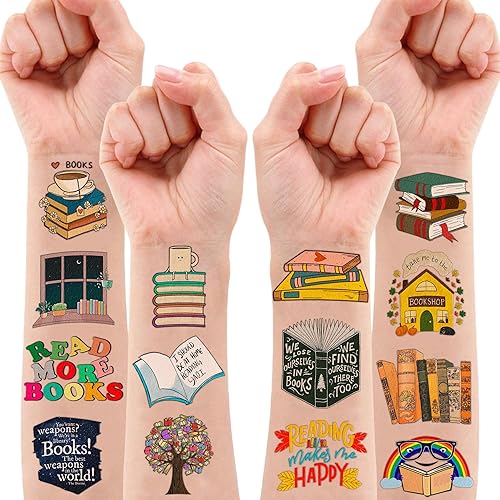 Miniatura 2 de (96 piezas) Divertidos libros de lectura, tatuajes temporales de nerd, suministros de fiesta temática de cumpleaños, decoraciones de regalos, lindas