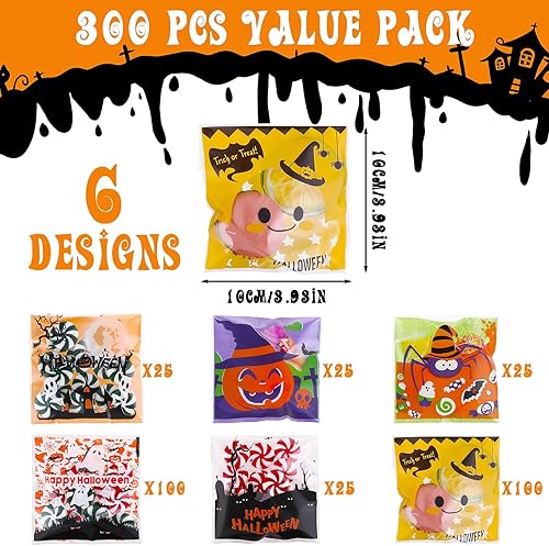 Miniatura 3 de Amaxiu 300 bolsas de golosinas de Halloween, 6 bolsas de dulces de celofán de estilo bonito, bolsas transparentes para dulce o truco, bolsas de