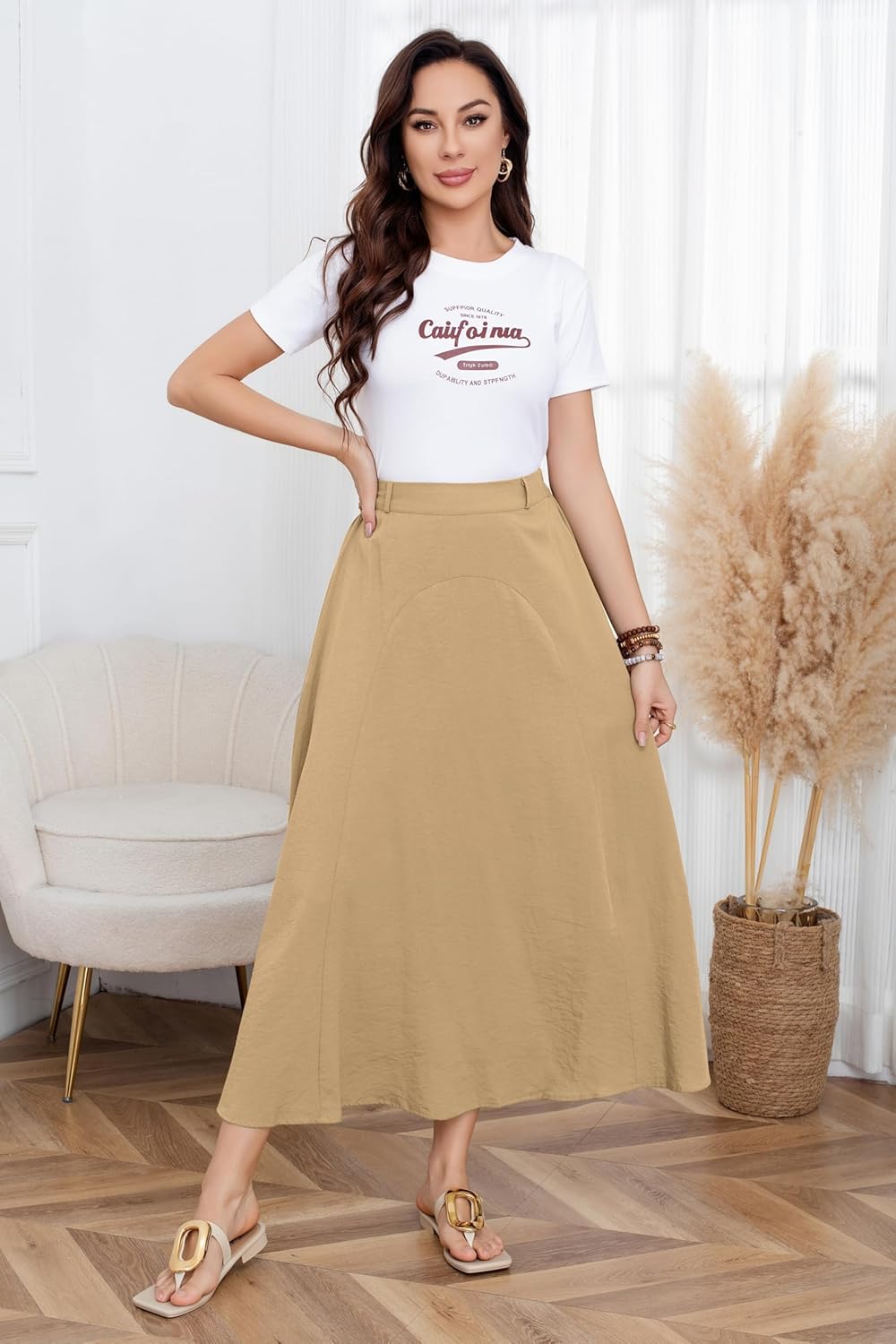 CHARTOU Women Casual Cotton Linen A Line Skirt High Waist Long Flowy Skirt Flare Swing Ruffle Skirt - Image 4