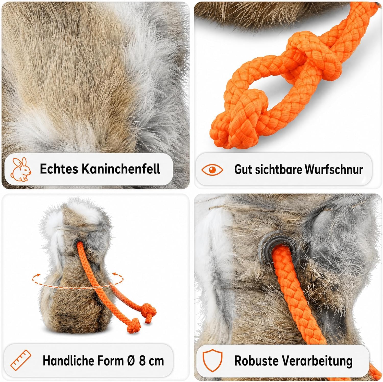 Romneys Dummy Hundetraining, Dummyball aus echtem Kaninchenfell mit neonoranger Wurfschnur, Apportierdummy Wurfball für Hunde mit Seil, Ø 8 cm, 150 g, robuste Metallöse, Outdoor