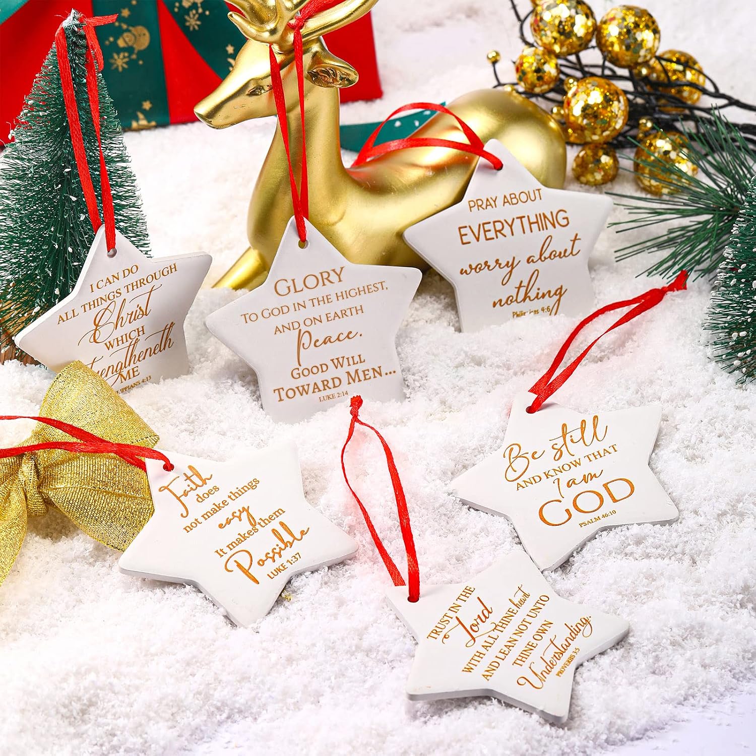 6 Pieces Christian Christmas Tree Ornaments Star Shaped Ceramic Ornament Flat Religious Bible Verse Inspirational Quotes Merry Christmas Keepsake Ornament Xmas Hanging Disc Ornaments for Appreciation