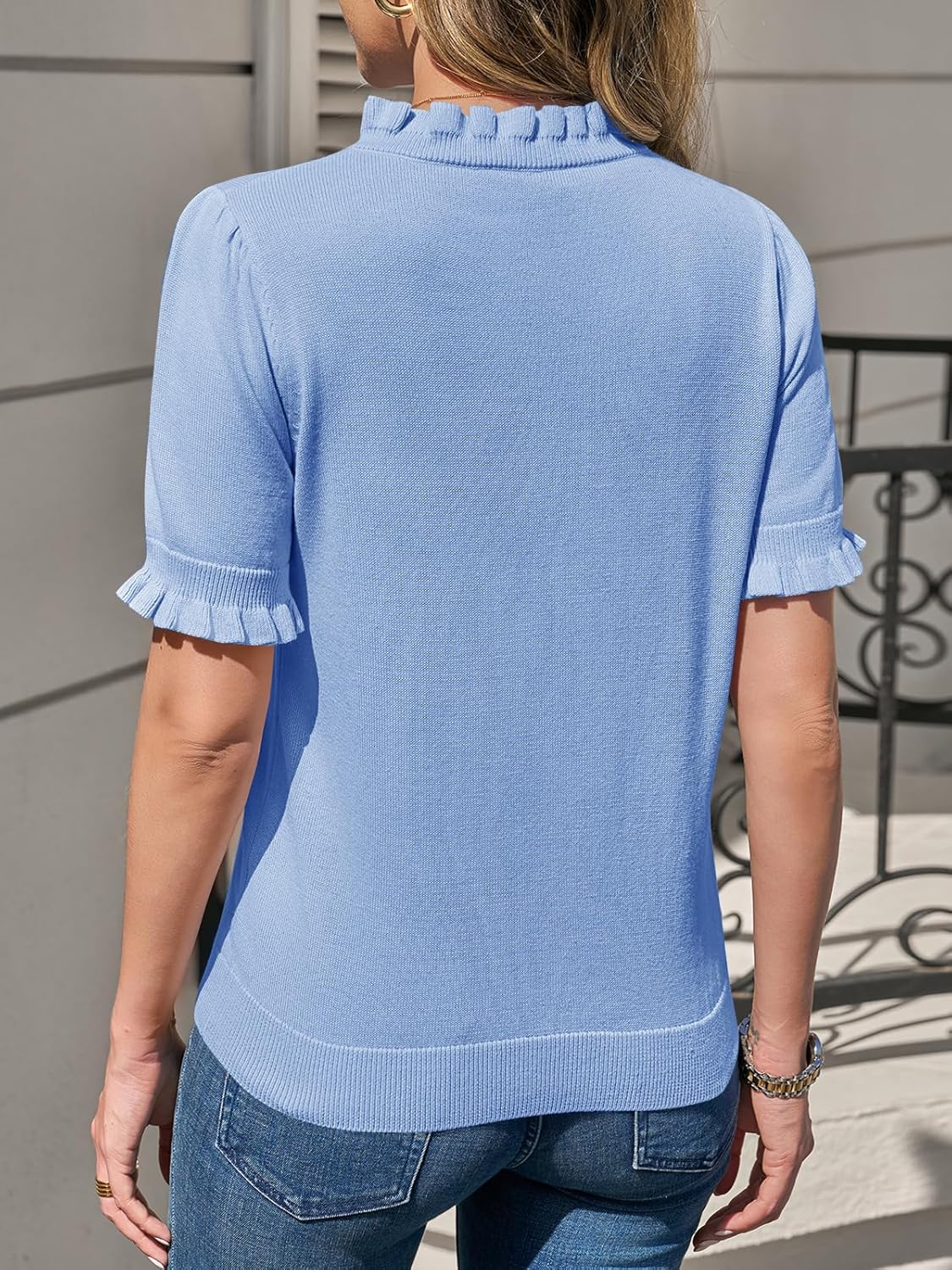 Cicy Bell Womens Puff Short Sleeve Sweater Tops Ruffle Henley Neck Spring Summer Pullover Dressy Casual Knit Shirts - Image 6