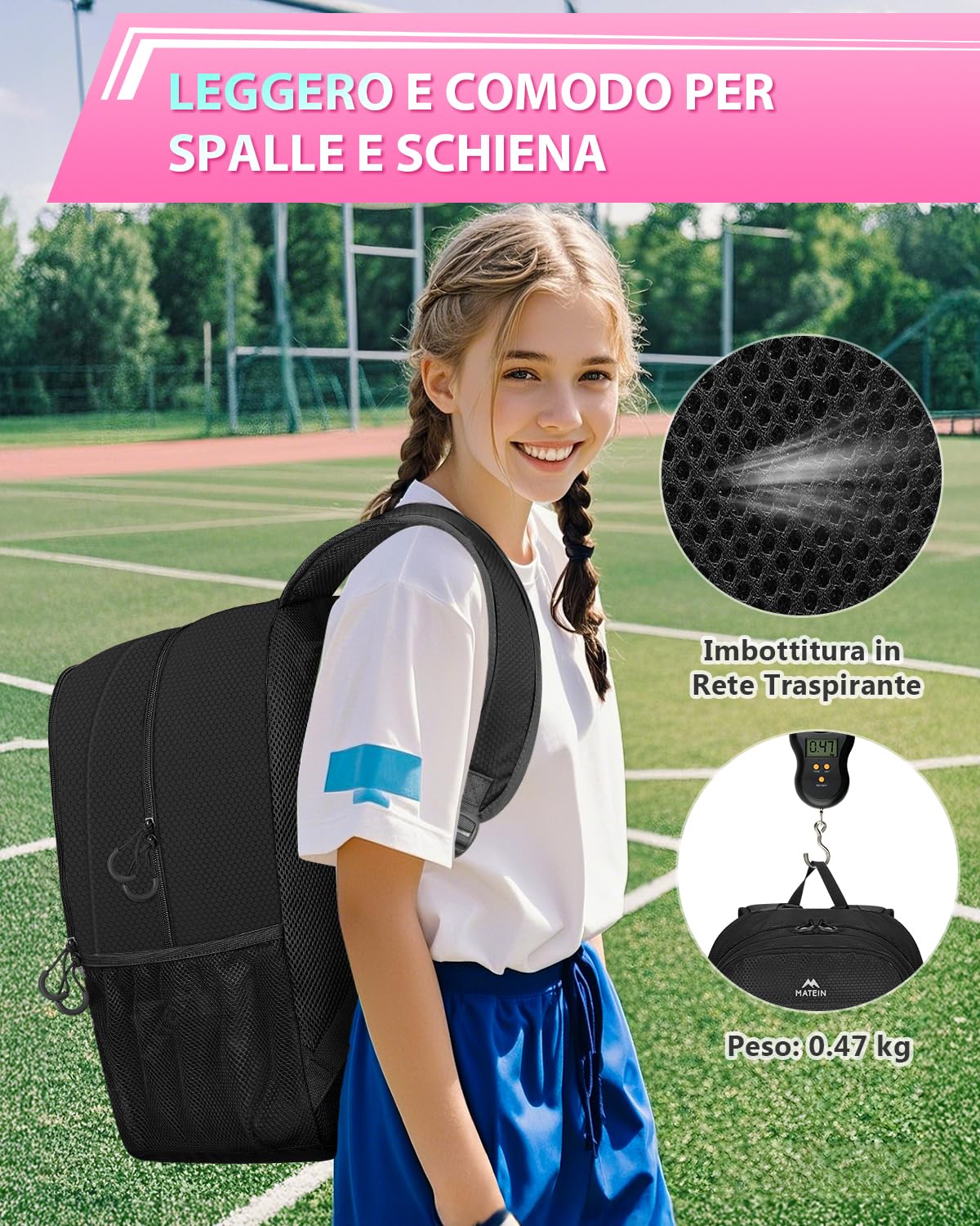 MATEIN Zaino Calcio con Porta Scarpe, Impermeabile Zaini Sportivo Uomo per PC 15.6 Pollici, Leggero Borsa Calcio con Gancio, Sacca Zaino Uomo e Donna per Football Pallacanestro Pallavolo, Nero
