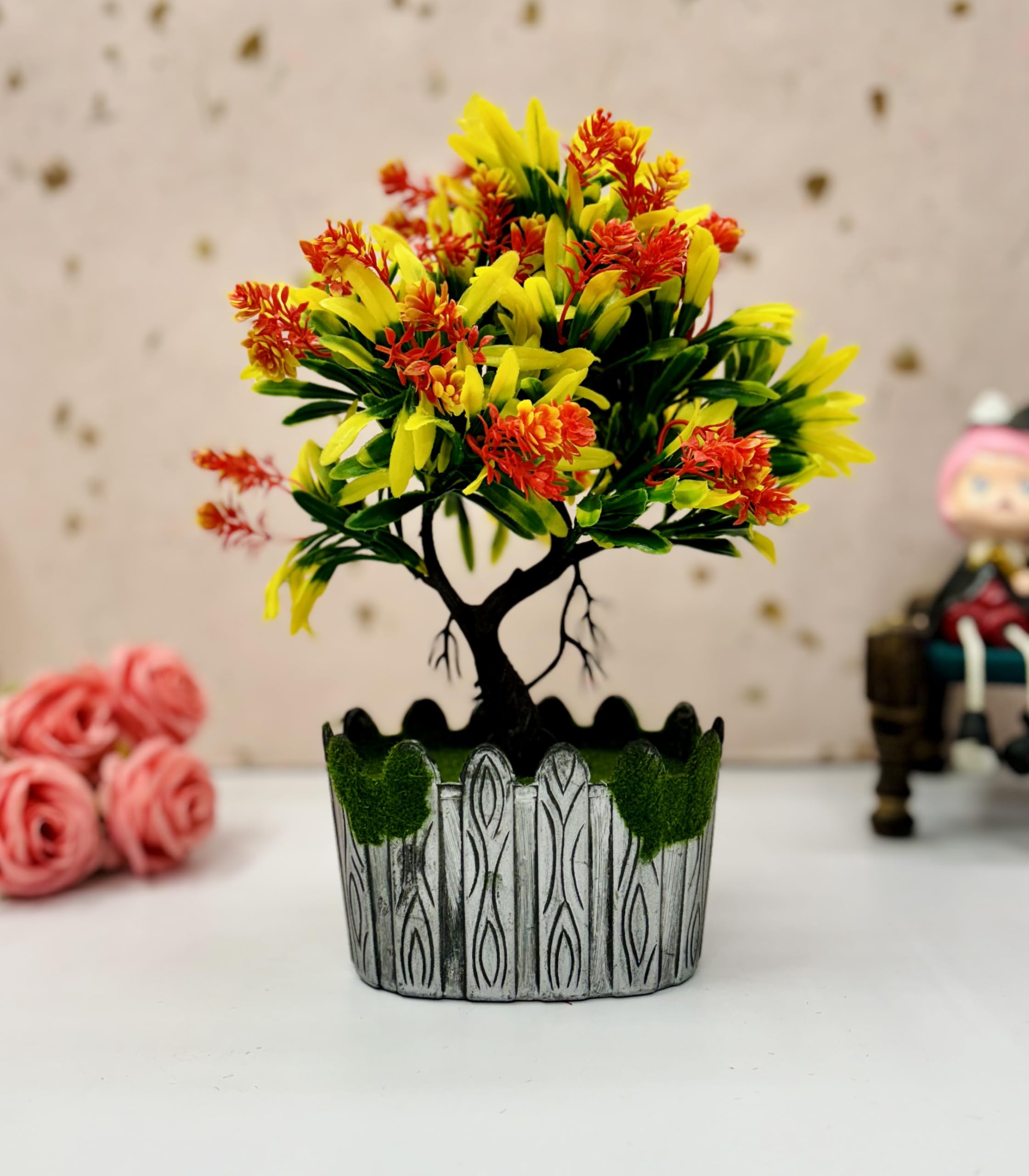 Dekorly Artificial Wild | Indoor Outdoor | Bathroom Bedroom Living Room Farmhouse Housewarming | Plastic & Wooden Potted Plants for Home Office Desk | Fake Faux Colorful Plant (Medium, Design-D)